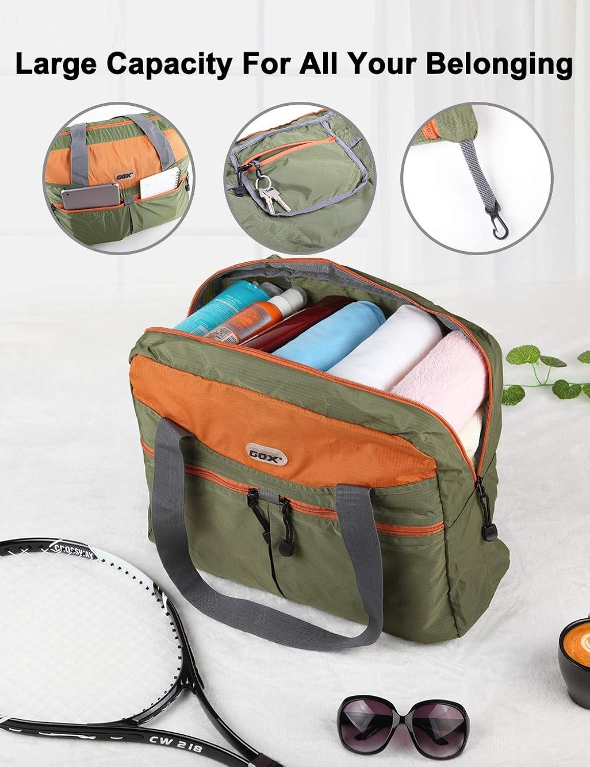 GOX Large Foldable Travel Duffel Bag Packable Tote Bag Carry on Luggage Weekender Overnight Bag Lightweight (Green&Orange)