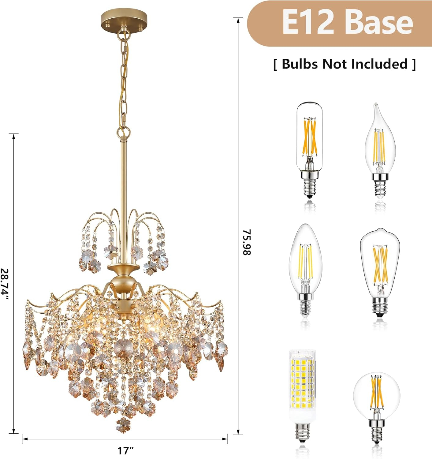 Q&S Modern Gold Crystal Chandelier Amber Crystal Pendant Light 6 Lights for Bedroom Dining Room Entryway Hallway Office Bathroom UL Listed