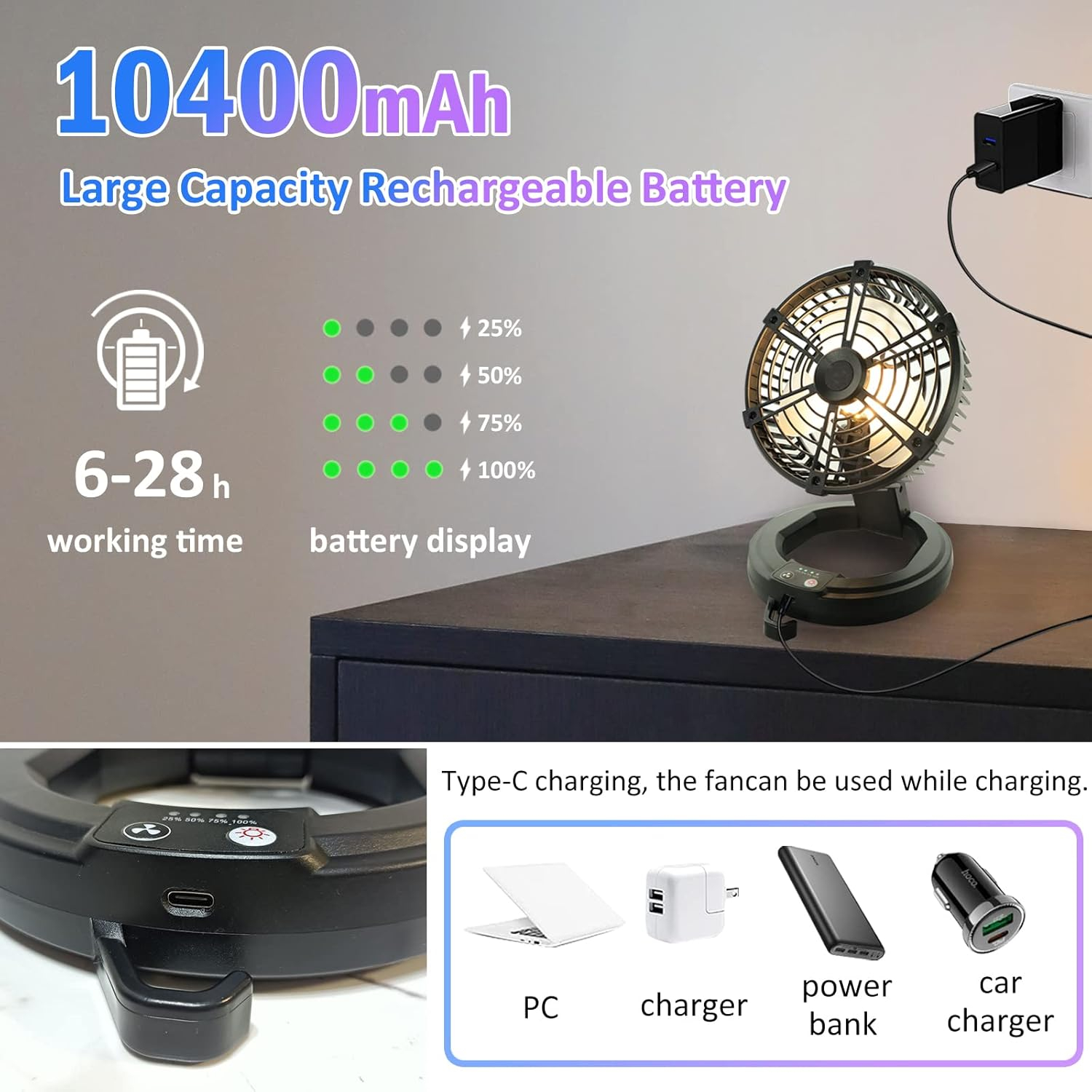 ayamaya Camping Fan, 20000mAh Rechargeable Tent Fan with Light, Remote, 9 Speeds Battery Powered Fans with Digital Display, Timer, Auto Oscillation & Hook for Camping, Outdoors
