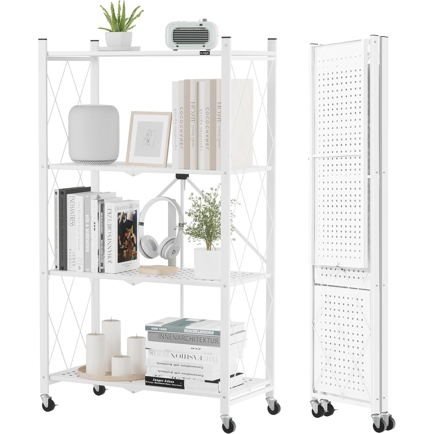 3-Tier Storage Shelves with Wheels, Folding Bookshelf No Assembly, Metal Display Shelf for Balcony, Kitchen, Basement, Pantry, White