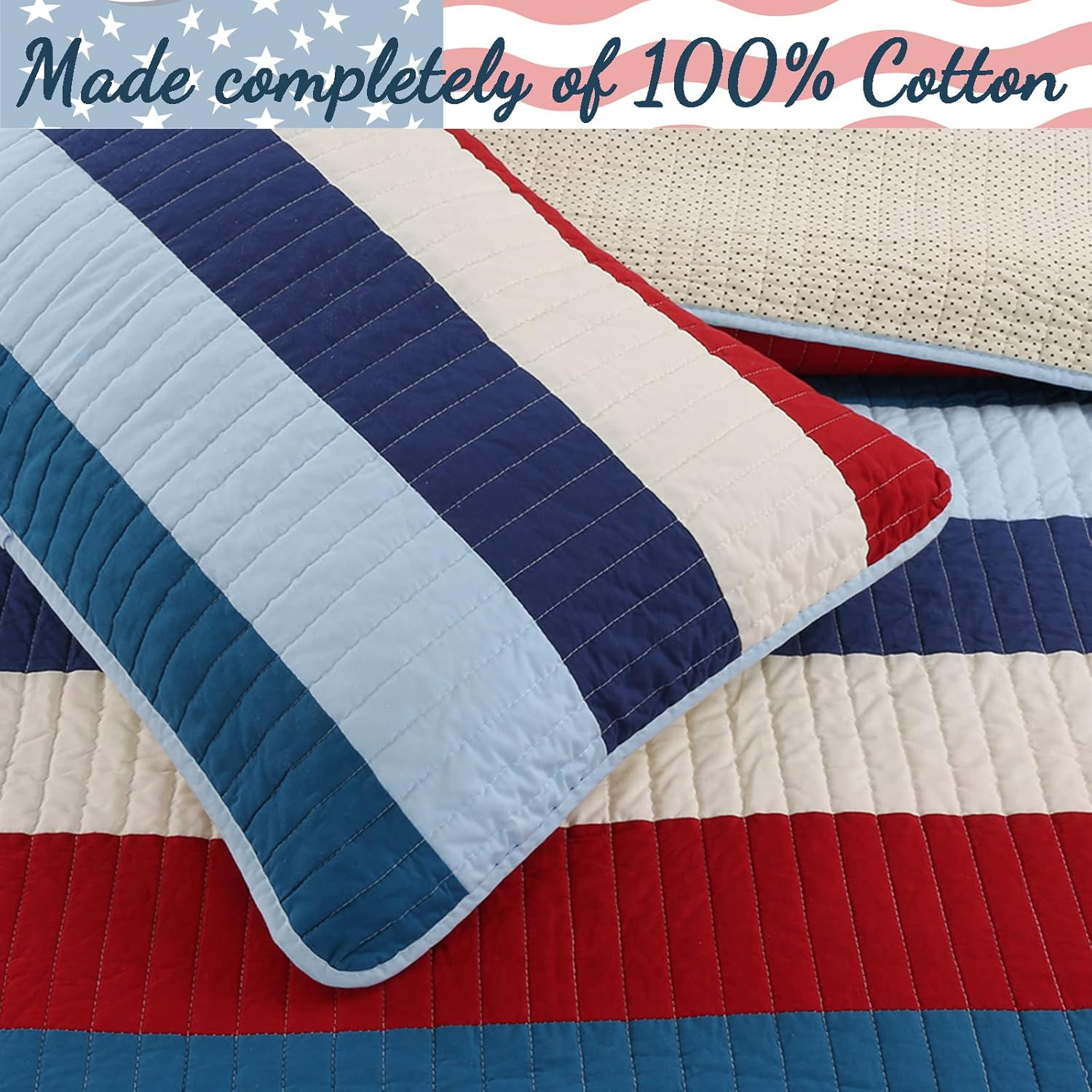 Cozy Line Home Fashions Cozy Line Ressler Stripe Reversible Cotton Quilt Bedding Set - Blue/Ivory/Red Twin 2 Piece