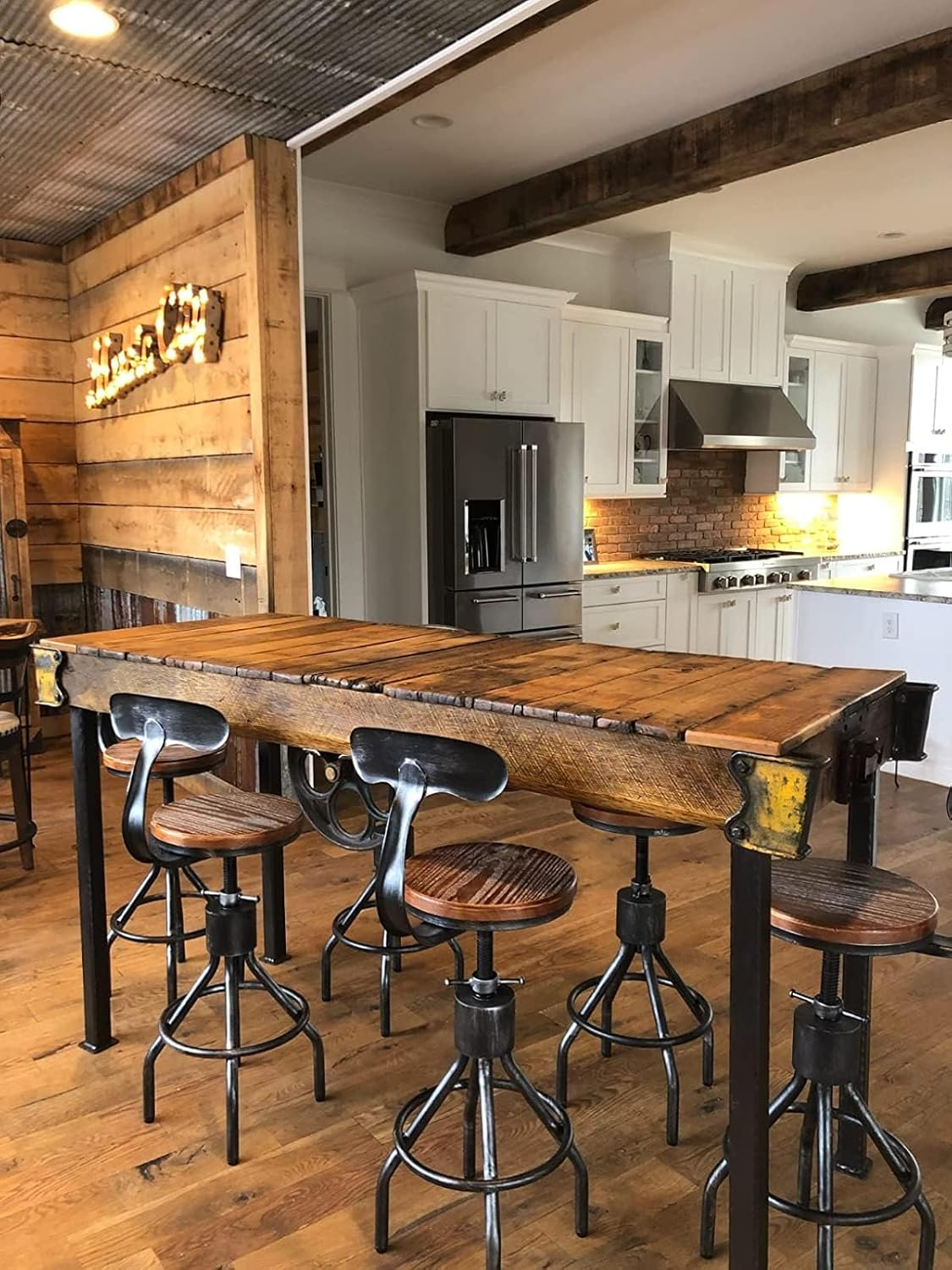 LOKKHAN Set of 2 Rustic Industrial Bar Stool-24-30 Adjustable Metal Swivel Wooden Top Barstools-Counter Height Extra Tall Bar Height-Vintage Farmhouse Kitchen Breakfast Cafe Stool-with Backrest