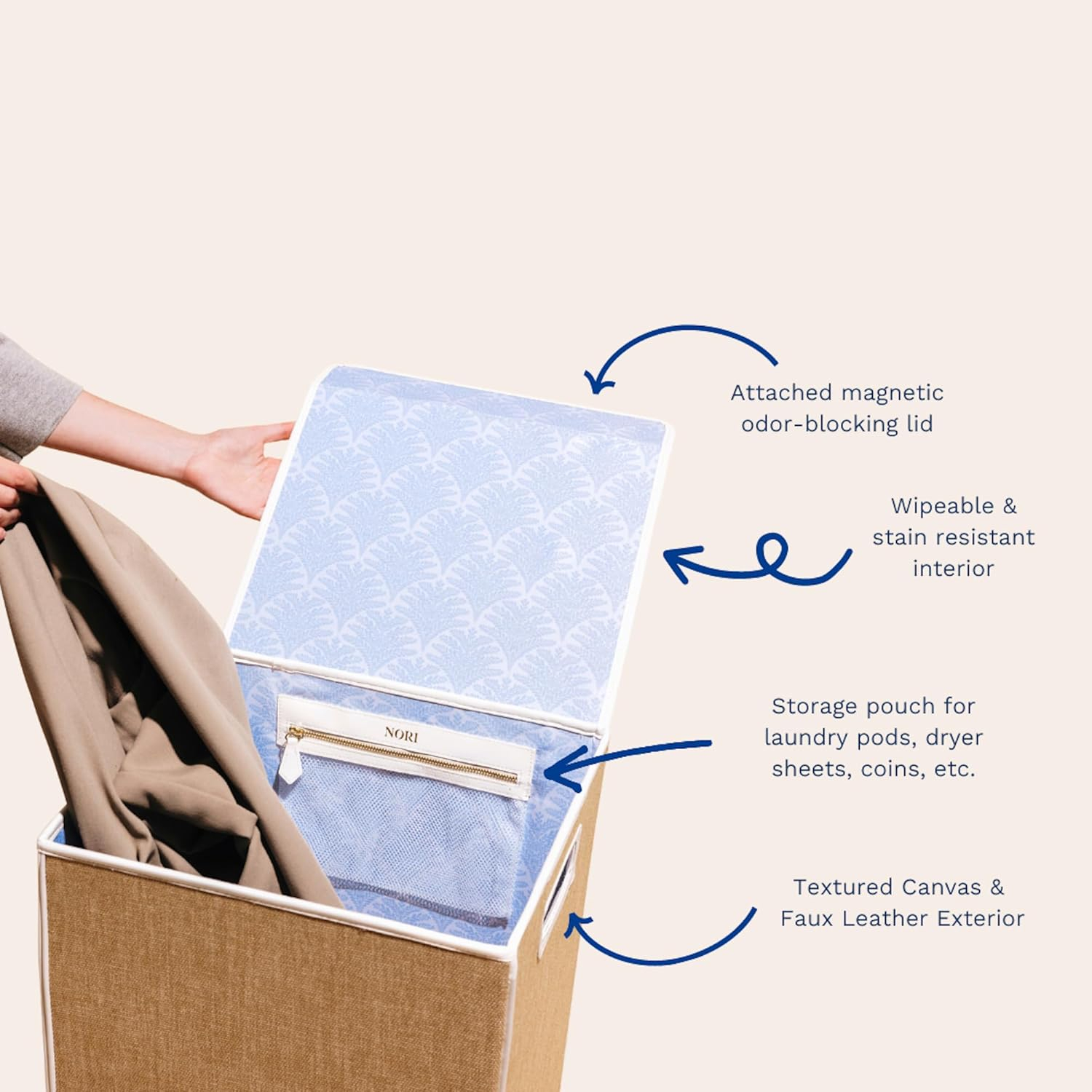 Nori Laundry Hamper - Slim Laundry Basket with Lid & Wheels - Collapsible Hamper with Lid, Stain-Resistant Interior, Storage Pouch and Wheel Attachment - Apartment and Dorm Room Essentials