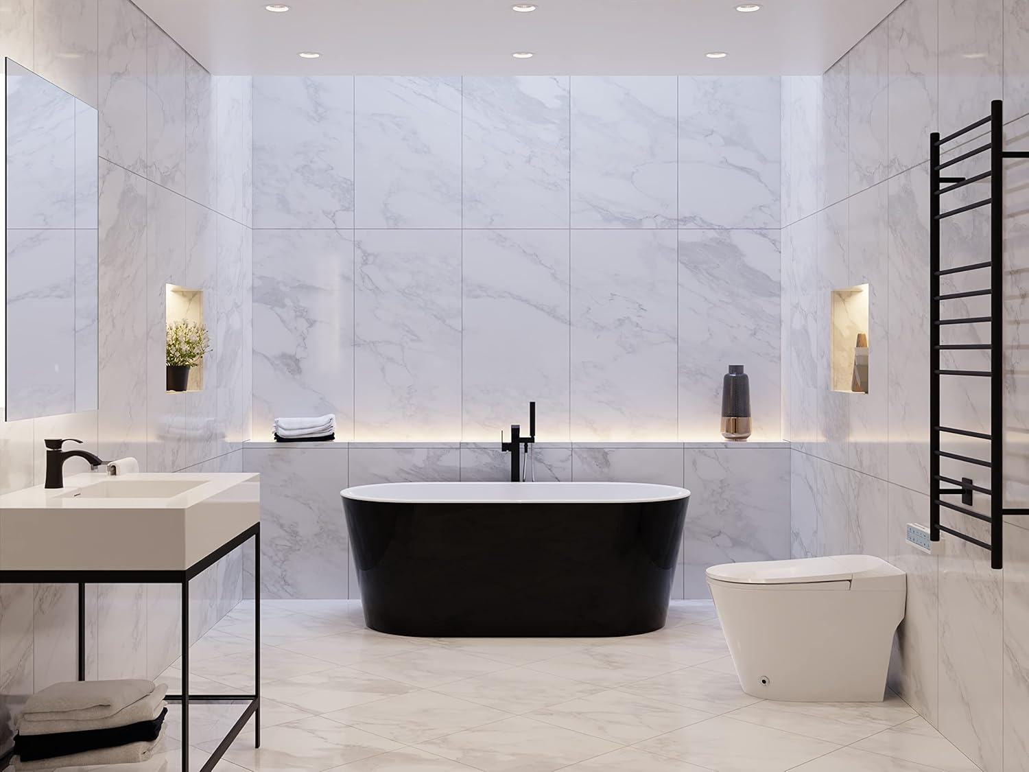Glossy Black Acrylic Freestanding Soaking Bathtub with Overflow