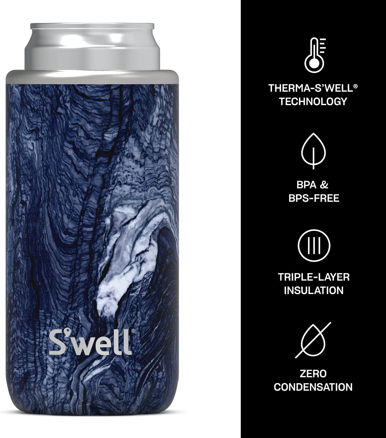 S'well Stainless Steel Chiller - Slim Azurite Marble - Fits 12oz Cans and Slim Bottles Triple-Layered Vacuum-Insulated Keeps Drinks Cool for Up to 6 Hours - Dishwasher-Safe BPA-Free for Travel