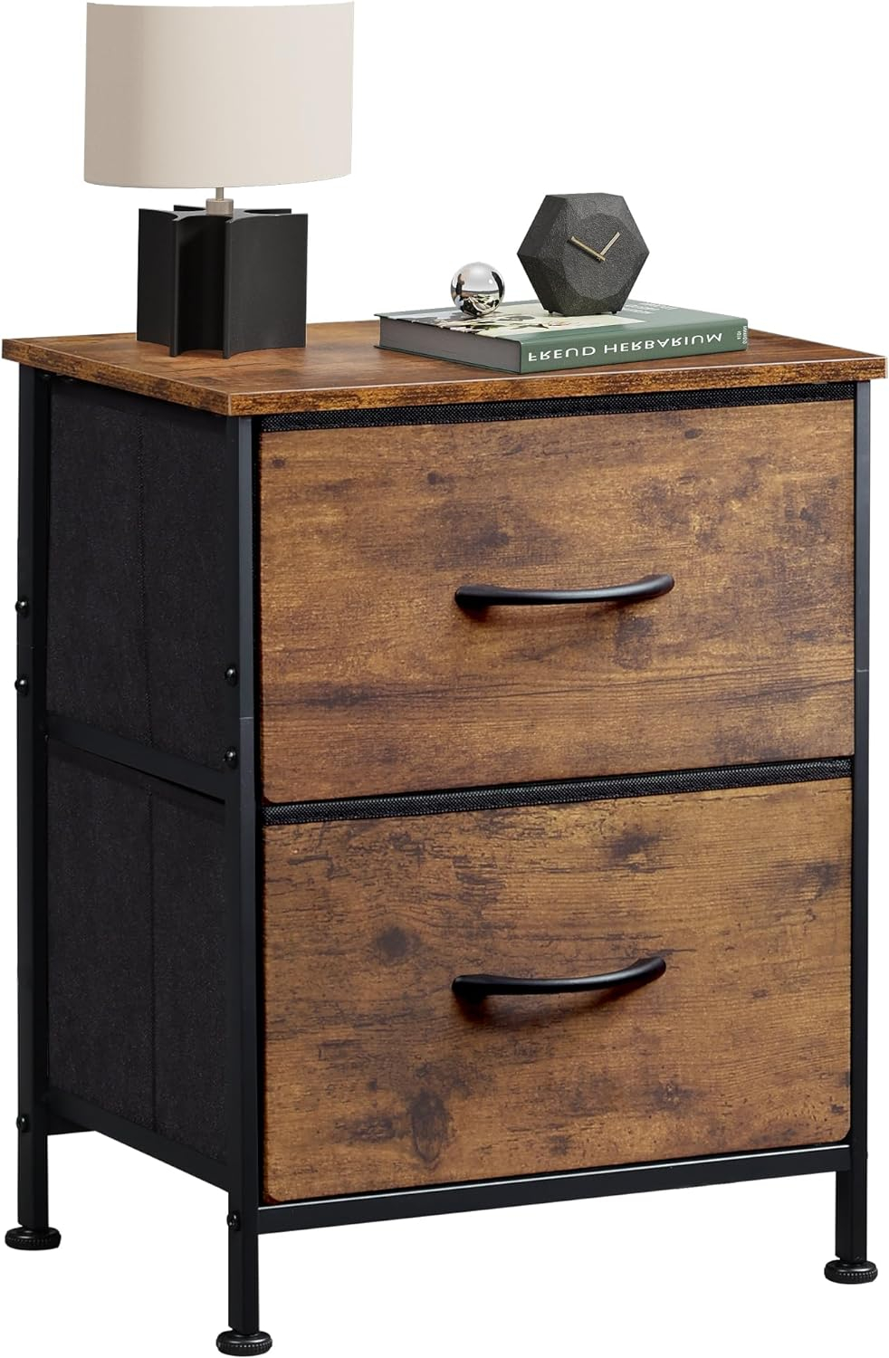 Dresser with 2 Drawers, Fabric Nightstand, Tall Dresser for Bedroom, Storage Chest of Drawers with Wood Top, Bedside Table, Rustic Brown