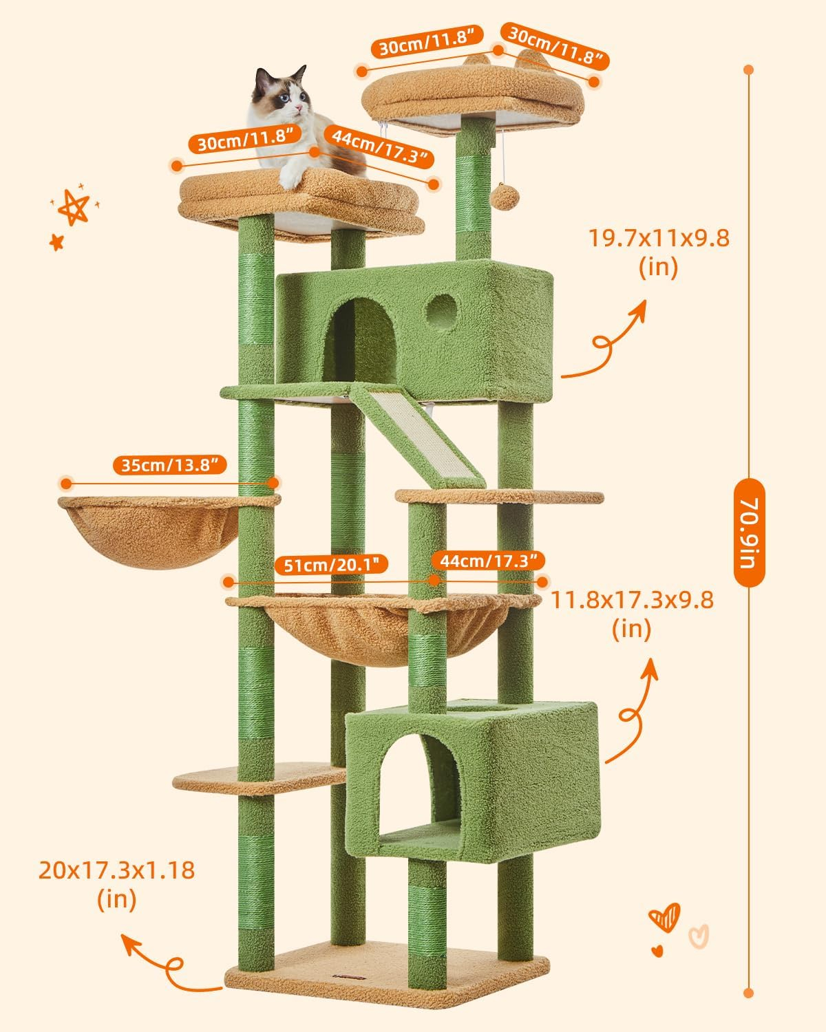 71-Inch Large Cat Tree For Large Cats Plush Multi-Level Cat Condo With 8 Scratching Posts 2 Perches Cave Hammock 2 Pompoms Scratch Board