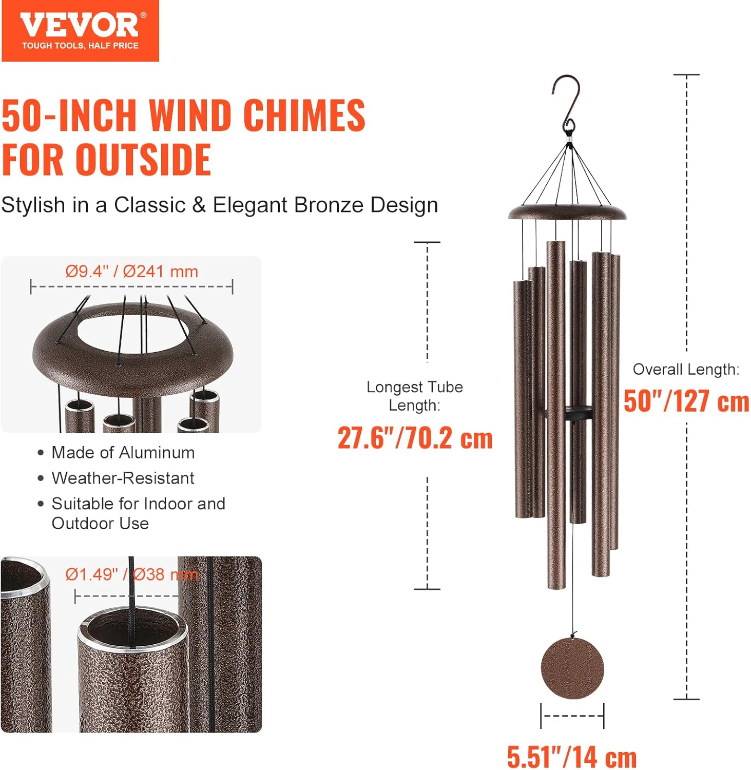 Wind Chimes for Outside, 50 in. Deep Tone Wind Chimes, Unique Large Memorial Wind Chimes for Anniversary, Hand-Tuned