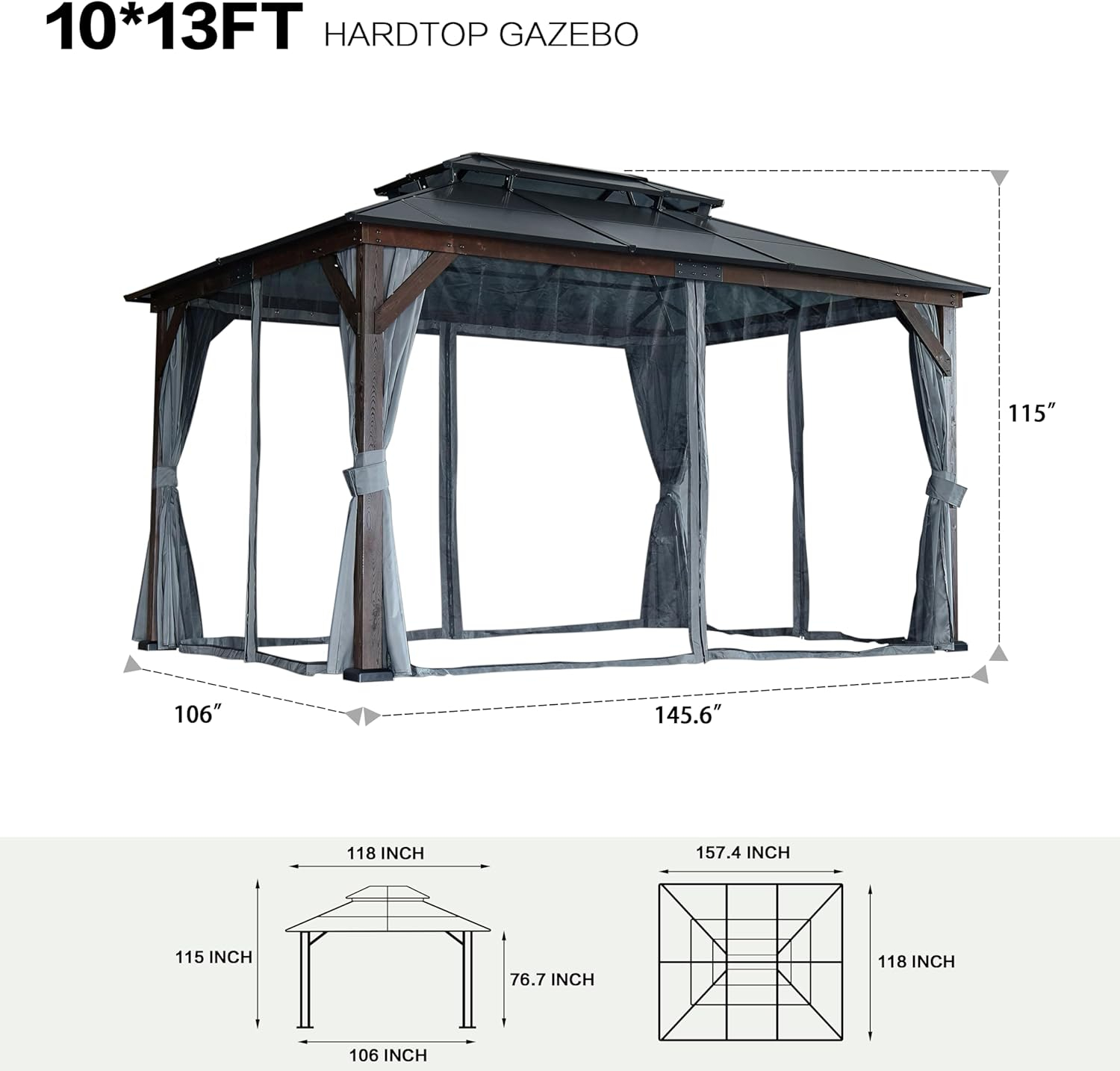 Large Brown and Black Solid Wood Gazebo with Polycarbonate Roof