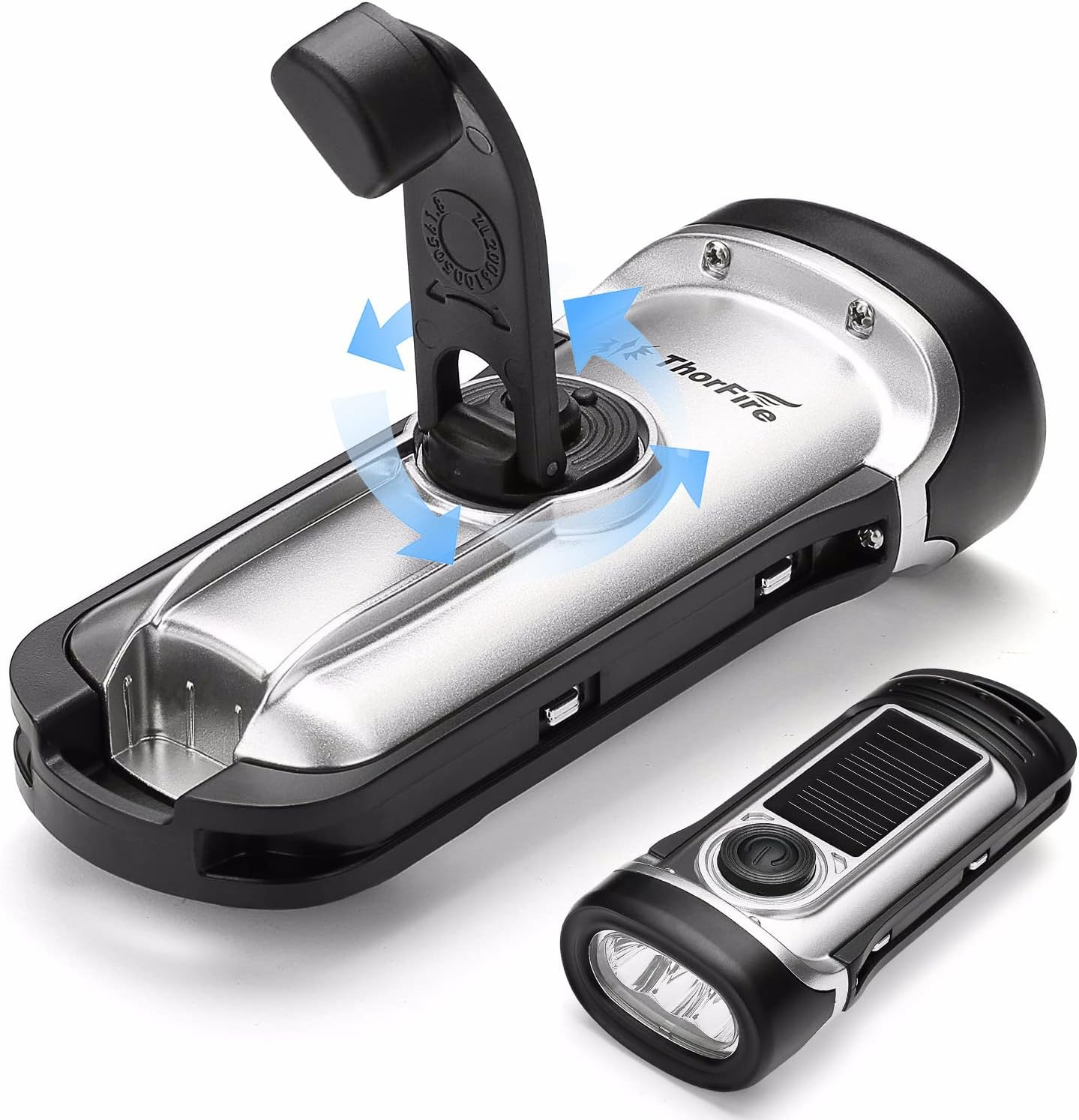 ThorFire Solar Flashlight Hand Crank Solar Powered Rechargeable Flashlight IPX6 Waterproof LED Emergency Lights Dynamo Torch Ideal for Camping Outdoor Climbing Backpack Hiking