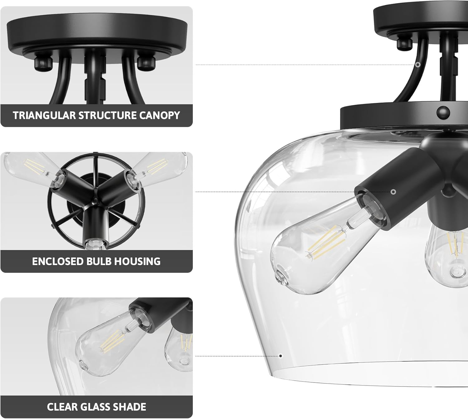 VONLUCE Semi Flush Mount Ceiling Light, 3-Bulb Black Ceiling Light Fixture with Clear Glass Shade, 13.8" Industrial Ceiling Light Fixture for Hallway Foyer Kitchen Entryway Bedroom, E26 Base