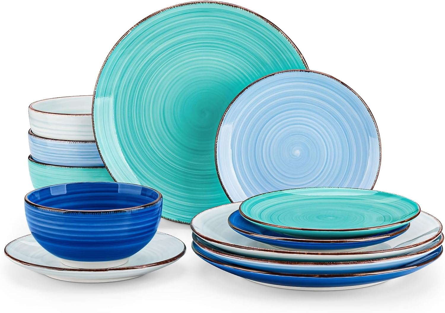 Bonita Blue Dinnerware Sets, Plates and Bowls Set for 4, 12 Pieces Stoneware Dinnerware Set, Dishwasher and Microwave Safe