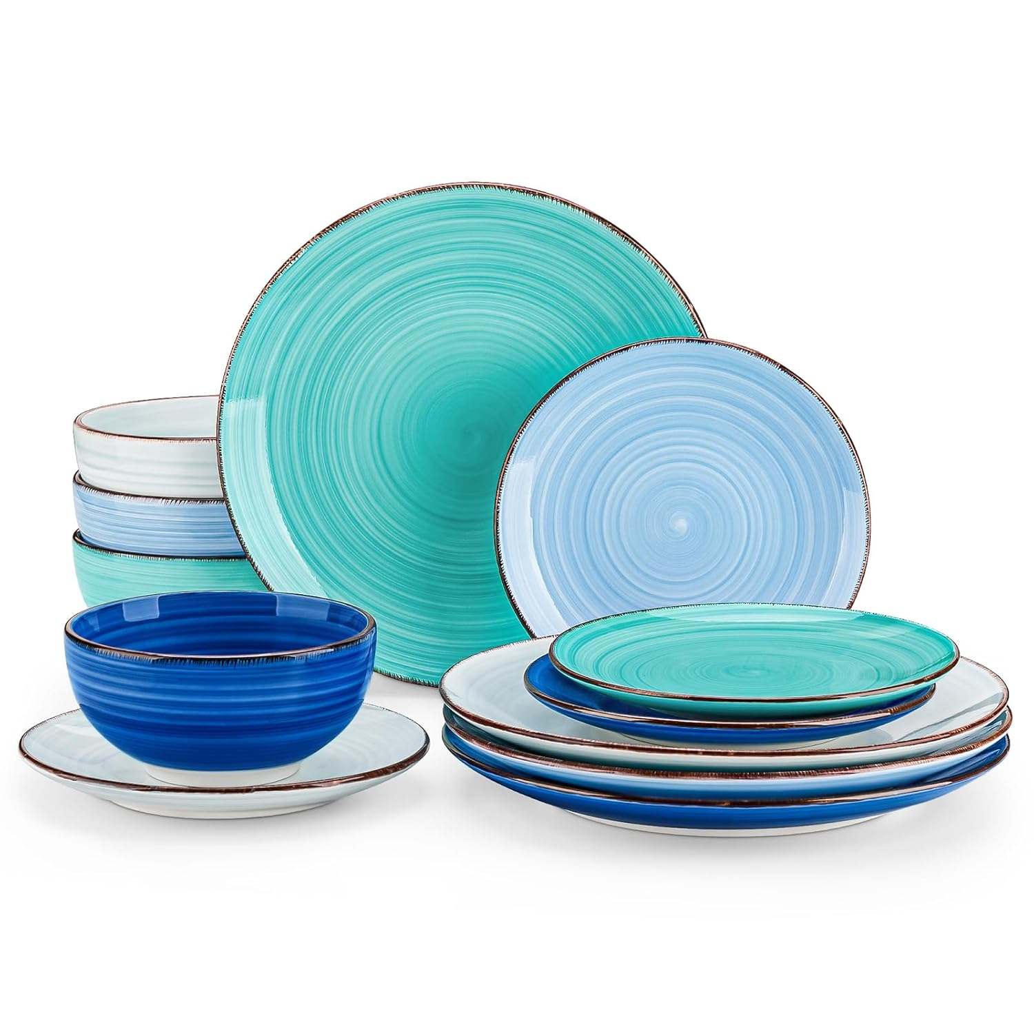 Bonita Blue Dinnerware Sets, Plates and Bowls Set for 4, 12 Pieces Stoneware Dinnerware Set, Dishwasher and Microwave Safe