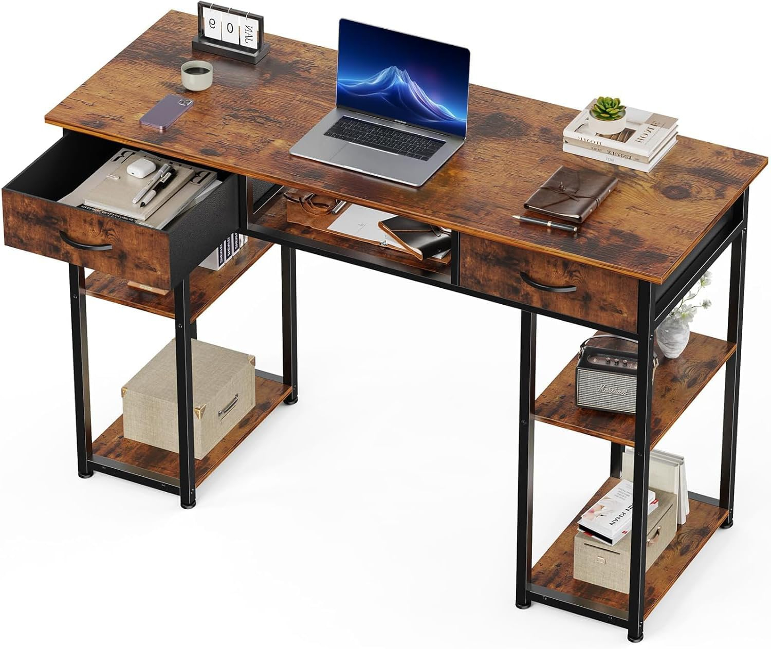 OLIXIS Computer Desk with Drawers Study Writing Table with Storage Bag Headphone Hook Adjustable Feet for Home Office Small Spaces,48IN Rustic