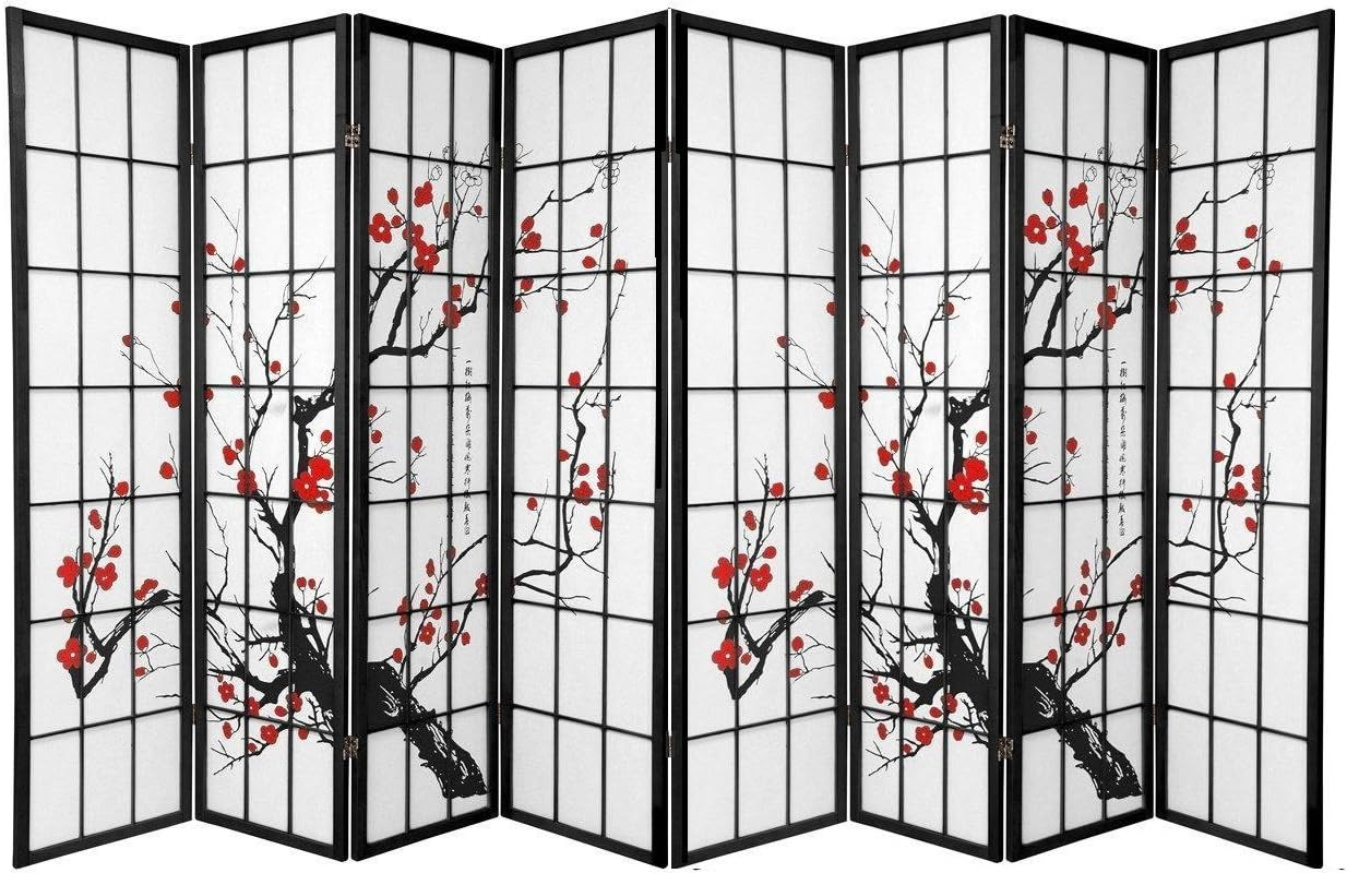 Legacy Decor Plum Blossom 8 Panel Room Divider Black 71"H x 140"Wide