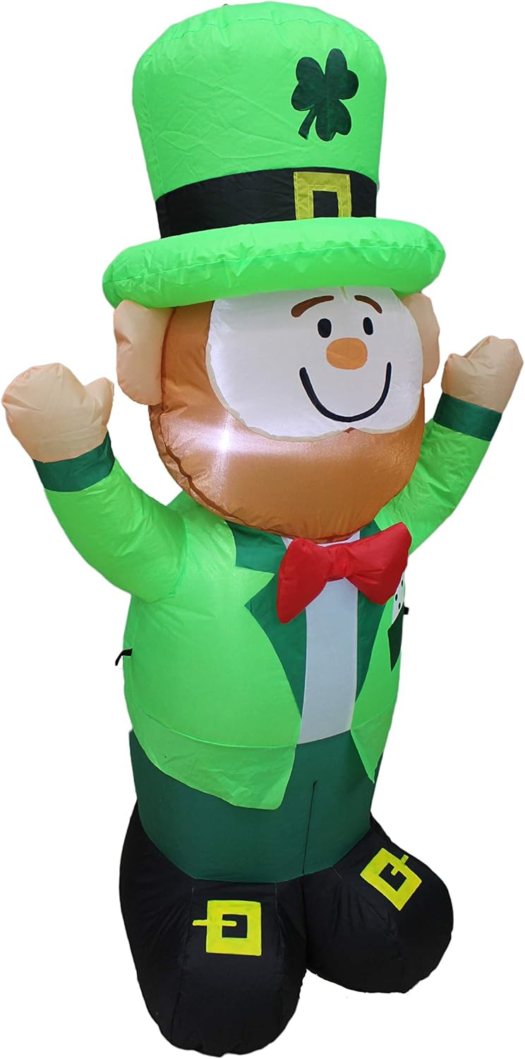 4 Foot Tall Saint Patrick's Day Inflatable Leprechaun with Green Shamrock Hat Pre-Lit LED Lights Cute Lucky Outdoor Indoor Holiday Blow up Lighted Yard Decoration