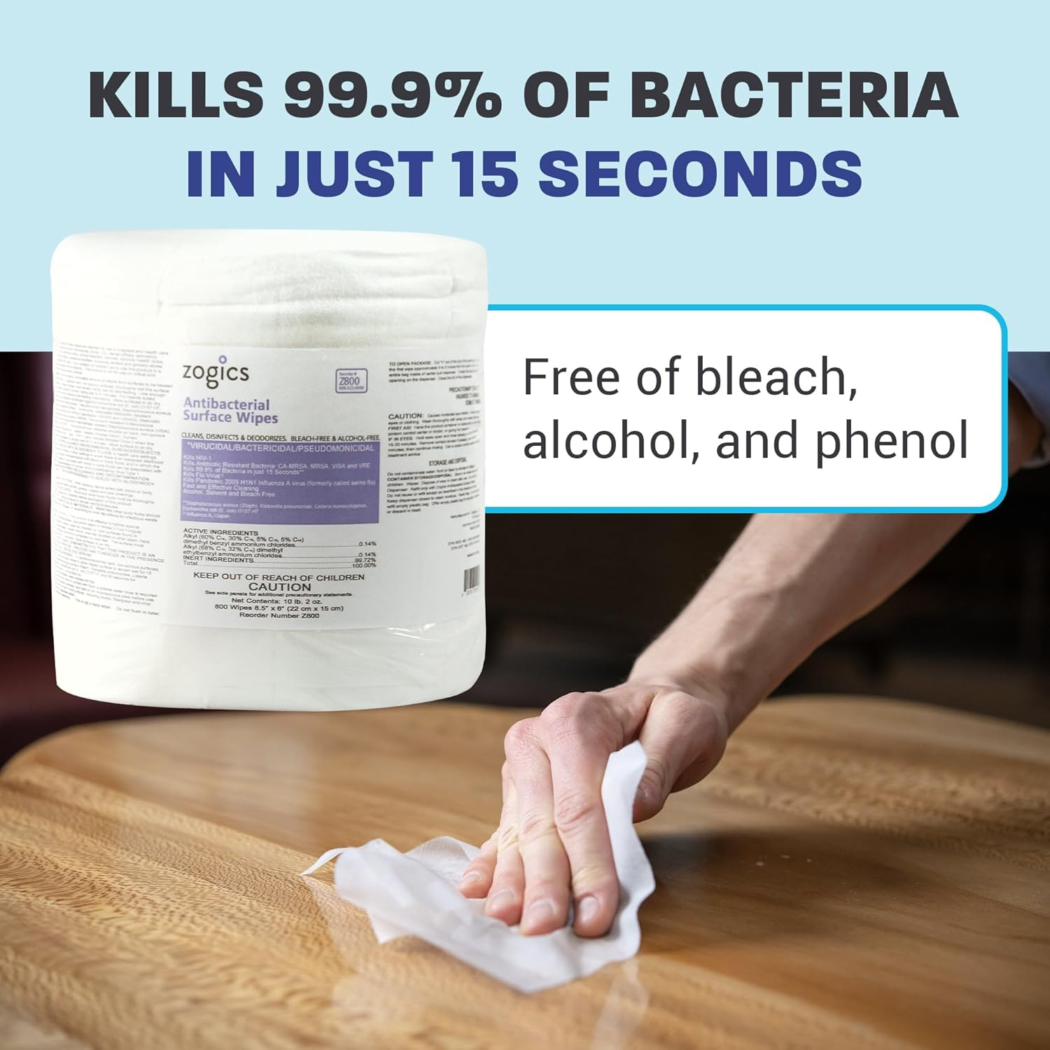 Zogics Antibacterial Bleach-Free Commercial Surface Wipes, 800 Count