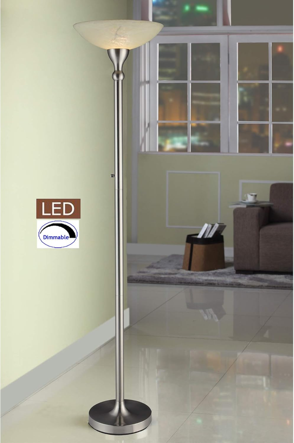 Artiva 71" LED Torchiere Floor Lamp with Alabaster Glass Shade and Dimmer