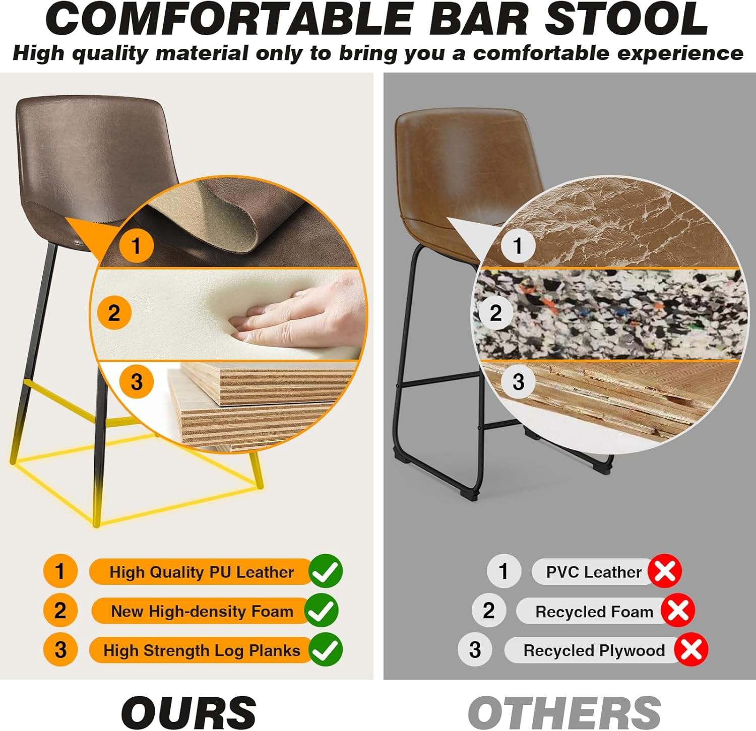 Brown Leather Saddle Style Counter Stools with Steel Legs, Set of 3