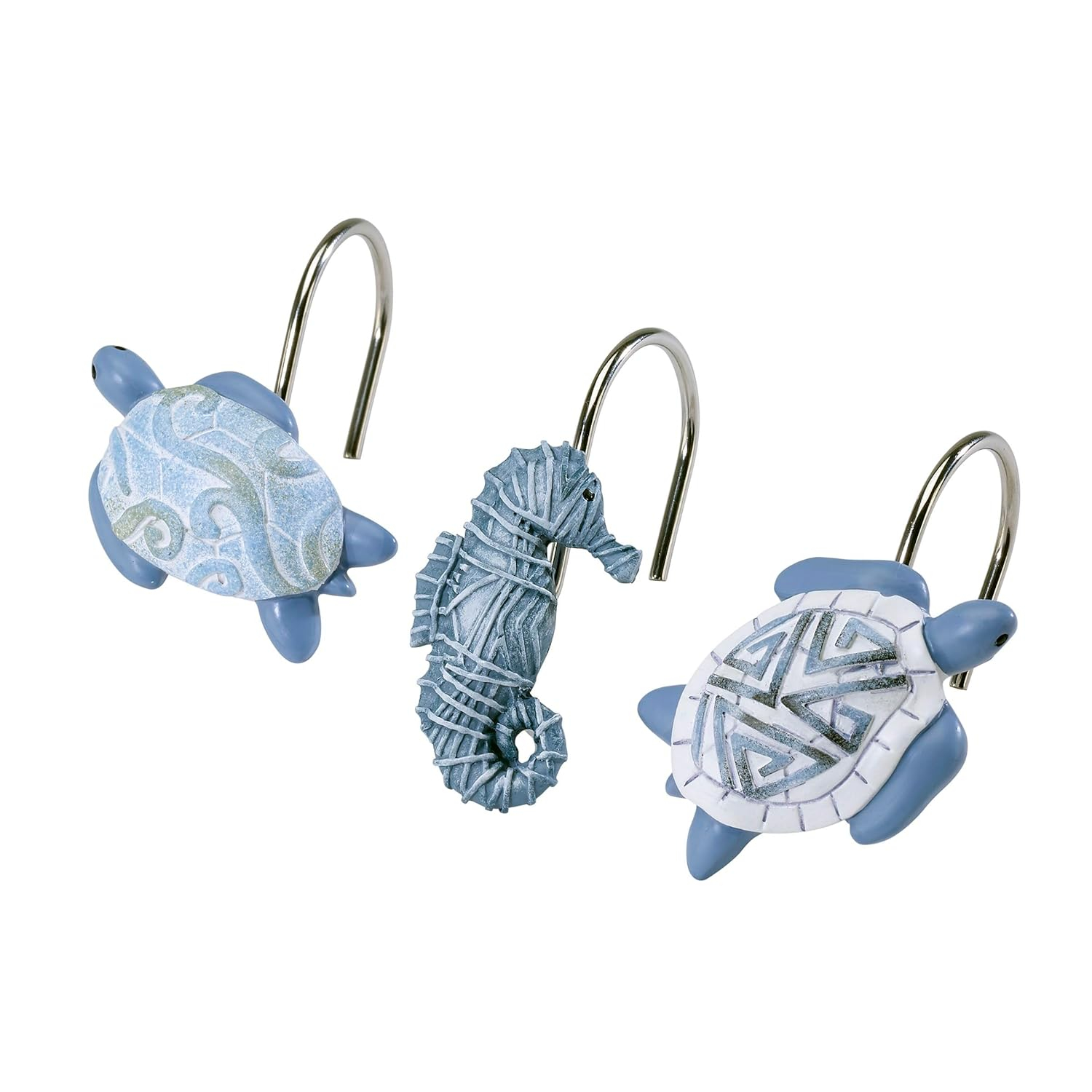 Hand-Painted Blue and White Resin Sea Life Shower Hooks Set