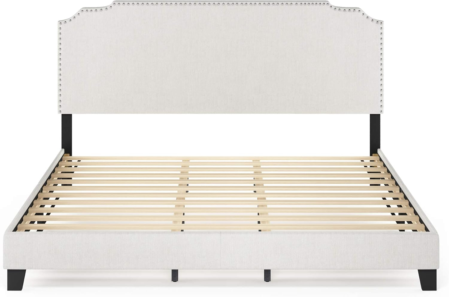 Furinno Nadia Nailhead, King, Linen,Trim Bed Frame "with" Storage and Mattress, Gray