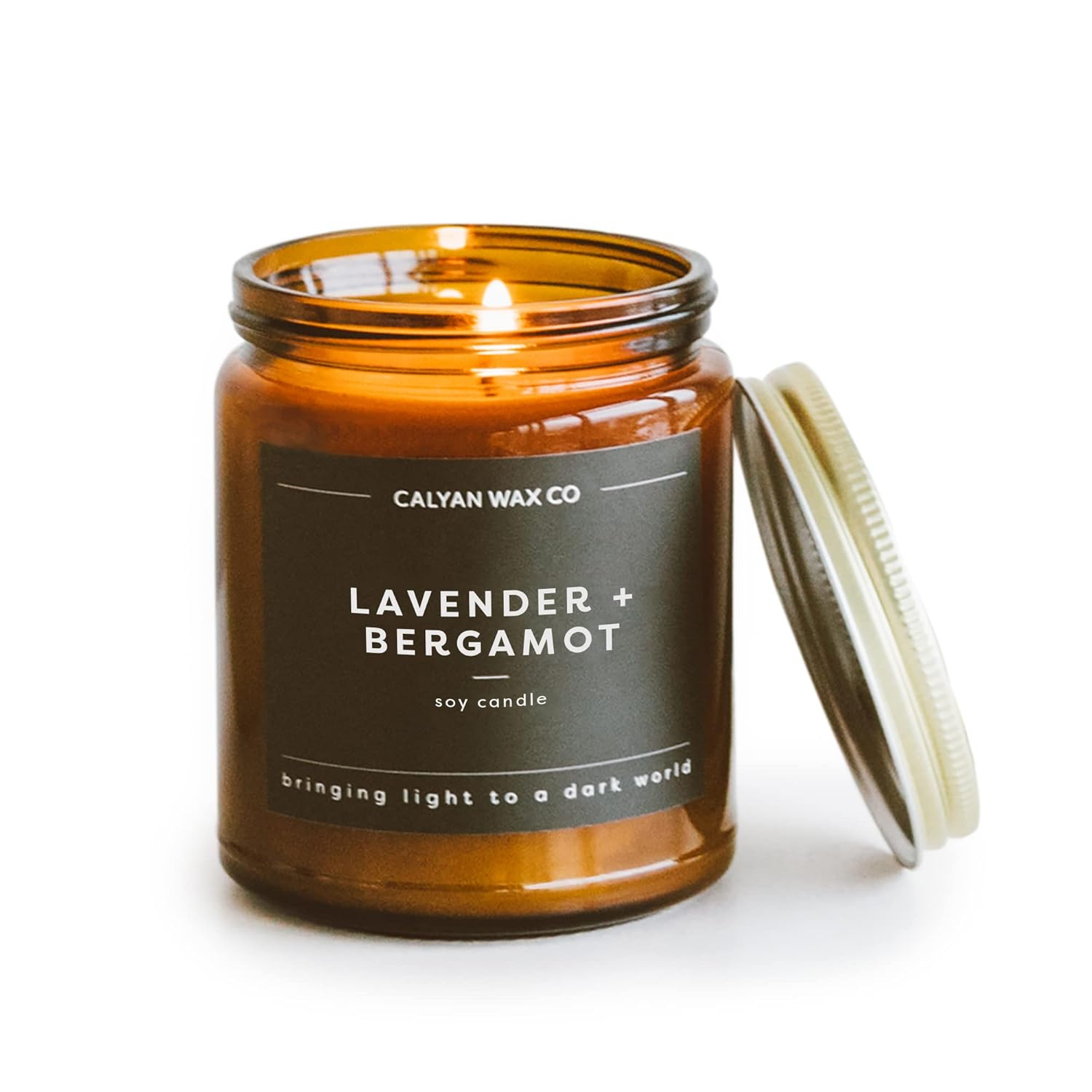 Calyan Wax Co. Soy Wax Candle, Lavender + Bergamot Scented Candle, 57 Hour Burn Time, Aromatherapy Soy Candles, Non Toxic & Vegan Soy Wax, Amber Glass Jar Scented Candles, 7.2oz