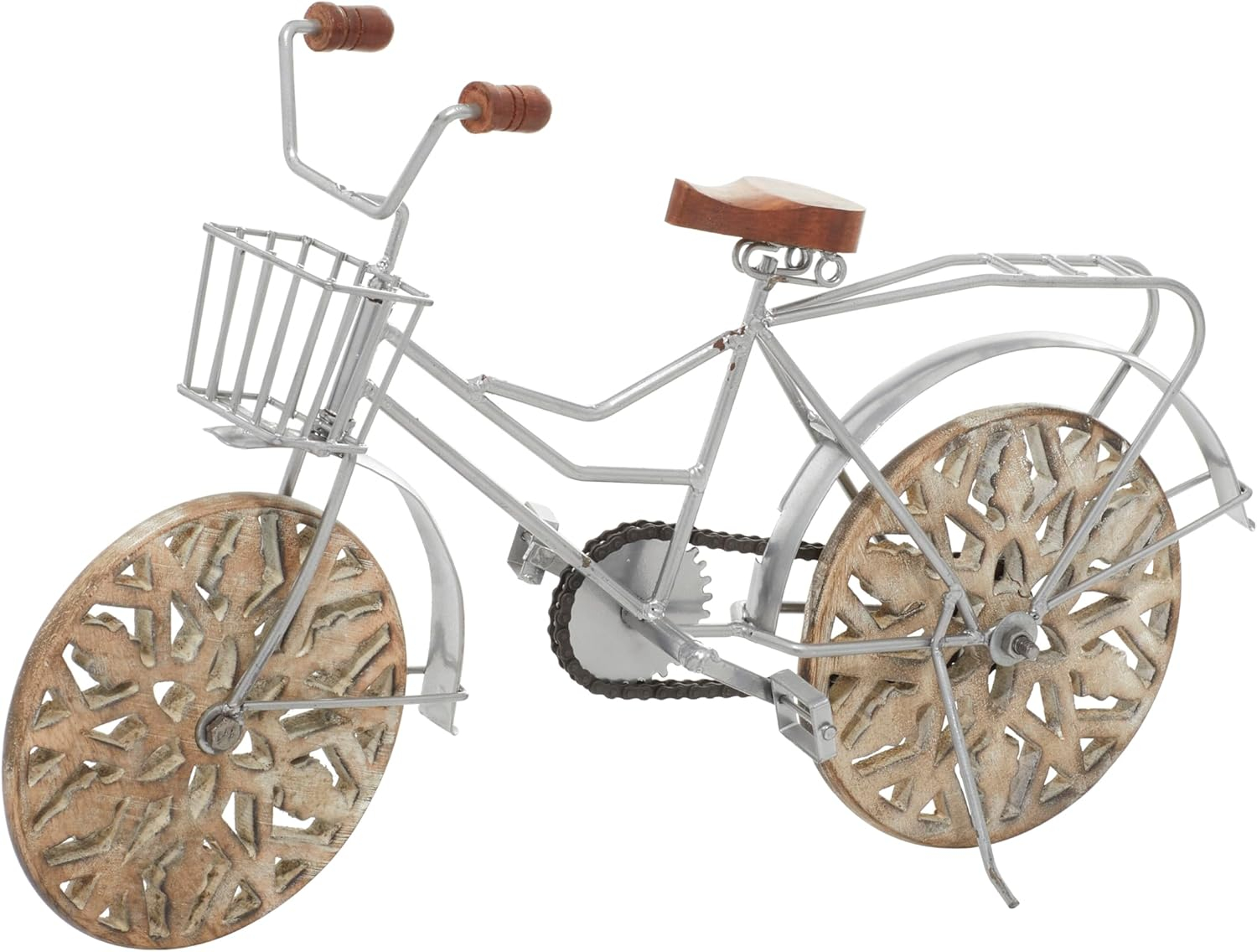 19" x 12" Brown Metal Bike Sculpture with Carved Wood Wheels, by DecMode