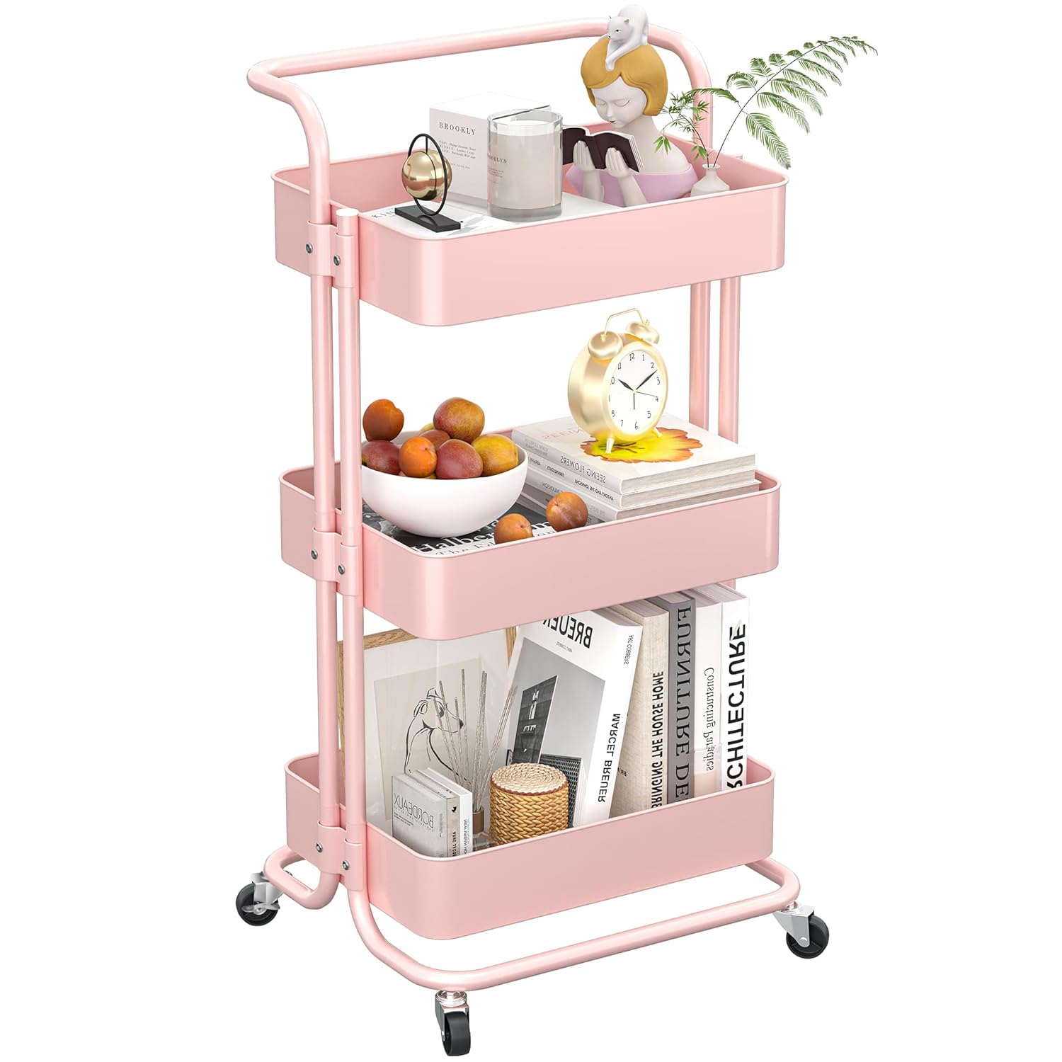 danpinera 3 Tier Rolling Cart Cleaning Organizer Utility Cart with Wheels for Storage Kitchen Bathroom-Pink