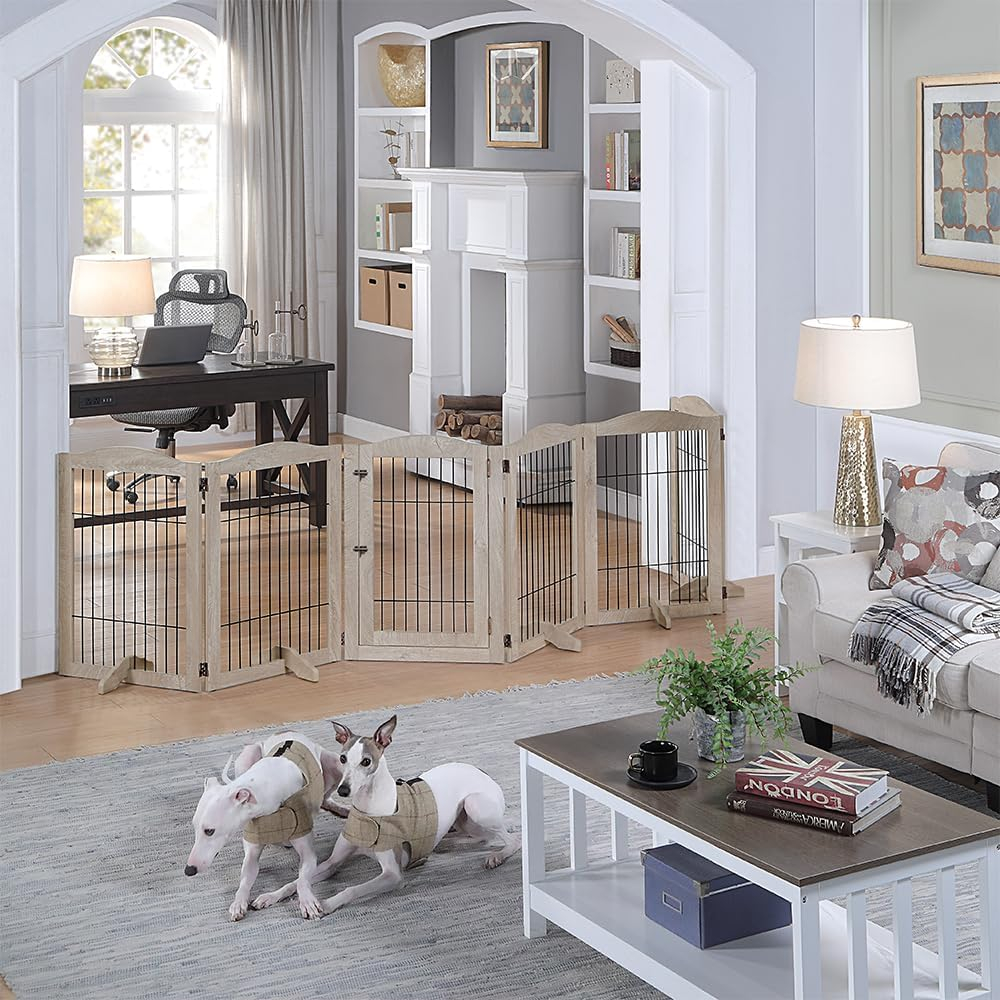 Unipaws Extra Wide Freestanding Dog Gate, 6 Panels Pet Playpen with Wood and Wire, Walk Through Dog Gate with 5 Support Feet