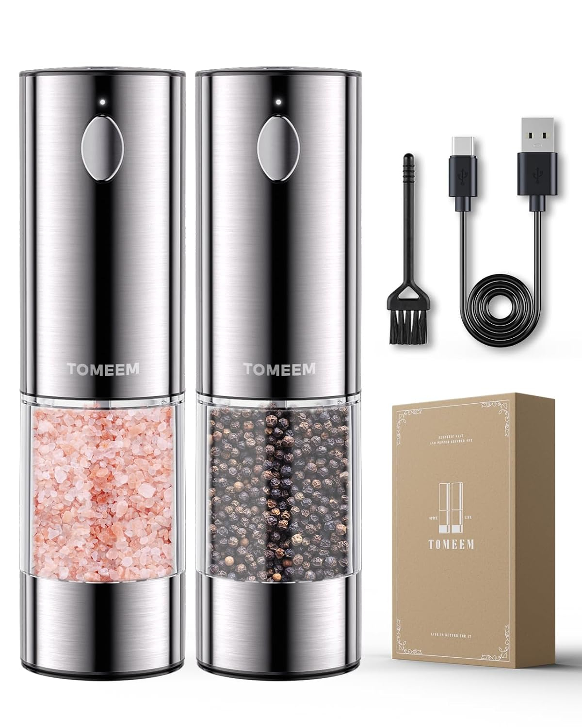 TOMEEM Electric Salt and Pepper Grinder Set Stainless Steel Automatic One Hand Operation Adjustable Coarseness Mill Grinders Shakers & LED Light Refillable