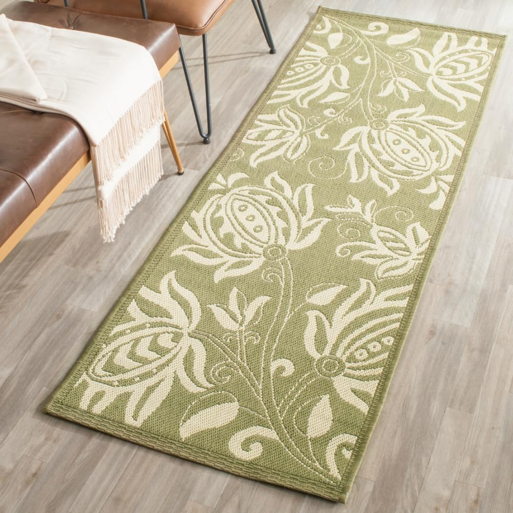 Safavieh Courtyard Crystal Floral Indoor/Outdoor Indoor/Outdoor Runner Rug, 2'3" x 12', Olive/Natural