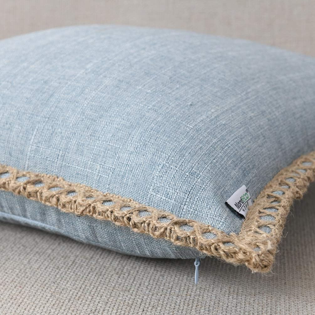 NordECO HOME Set of 2 Farmhouse Throw Pillow Covers - Burlap Linen Trimmed Tailored Edges Decorative Cushion Covers for Bed Home Decoration, 16 x 16, Blue
