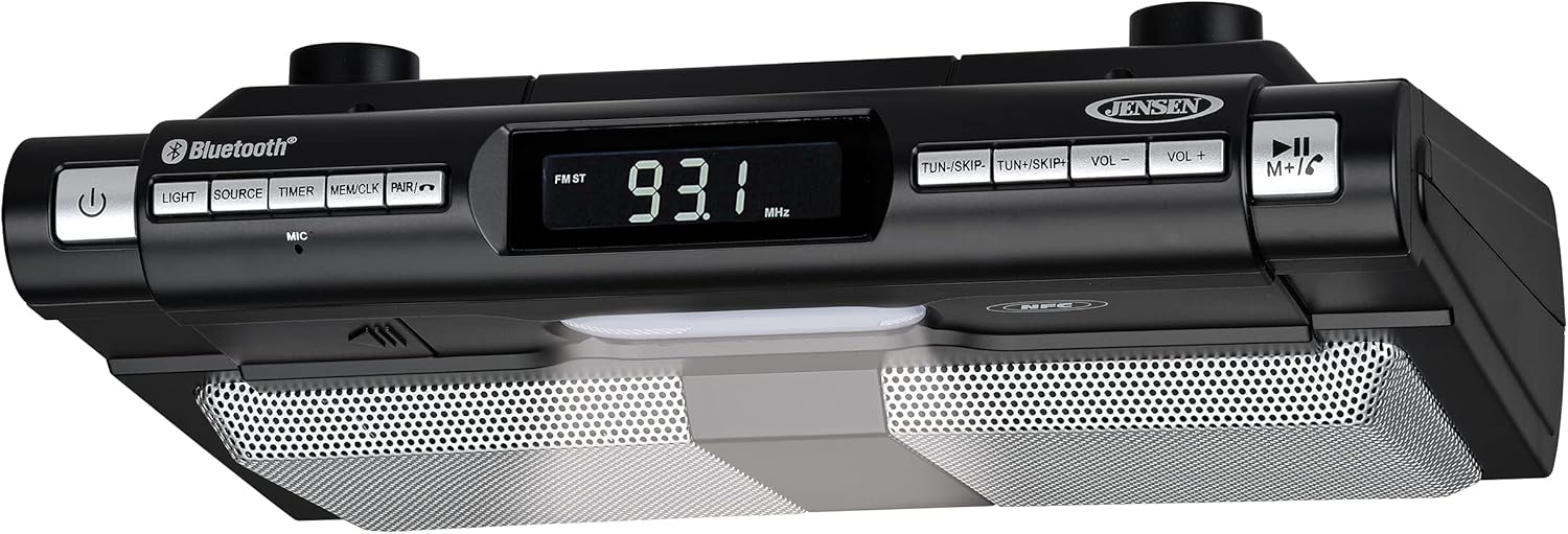 Jensen Modern Wireless Under Cabinet Kitchen Universal Bluetooth Music System, FM Radio, Clock LCD Digital Display, Built-in Hands-Free Mic & Speakers (Includes Mounting Hardware)