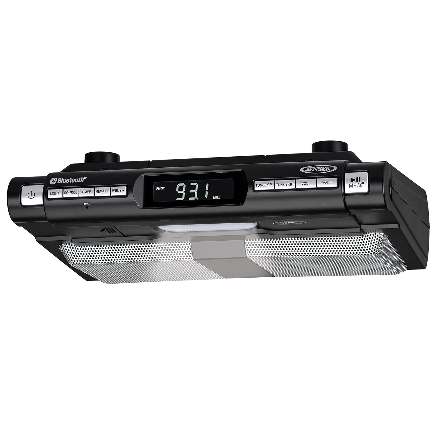 Jensen Modern Wireless Under Cabinet Kitchen Universal Bluetooth Music System, FM Radio, Clock LCD Digital Display, Built-in Hands-Free Mic & Speakers (Includes Mounting Hardware)