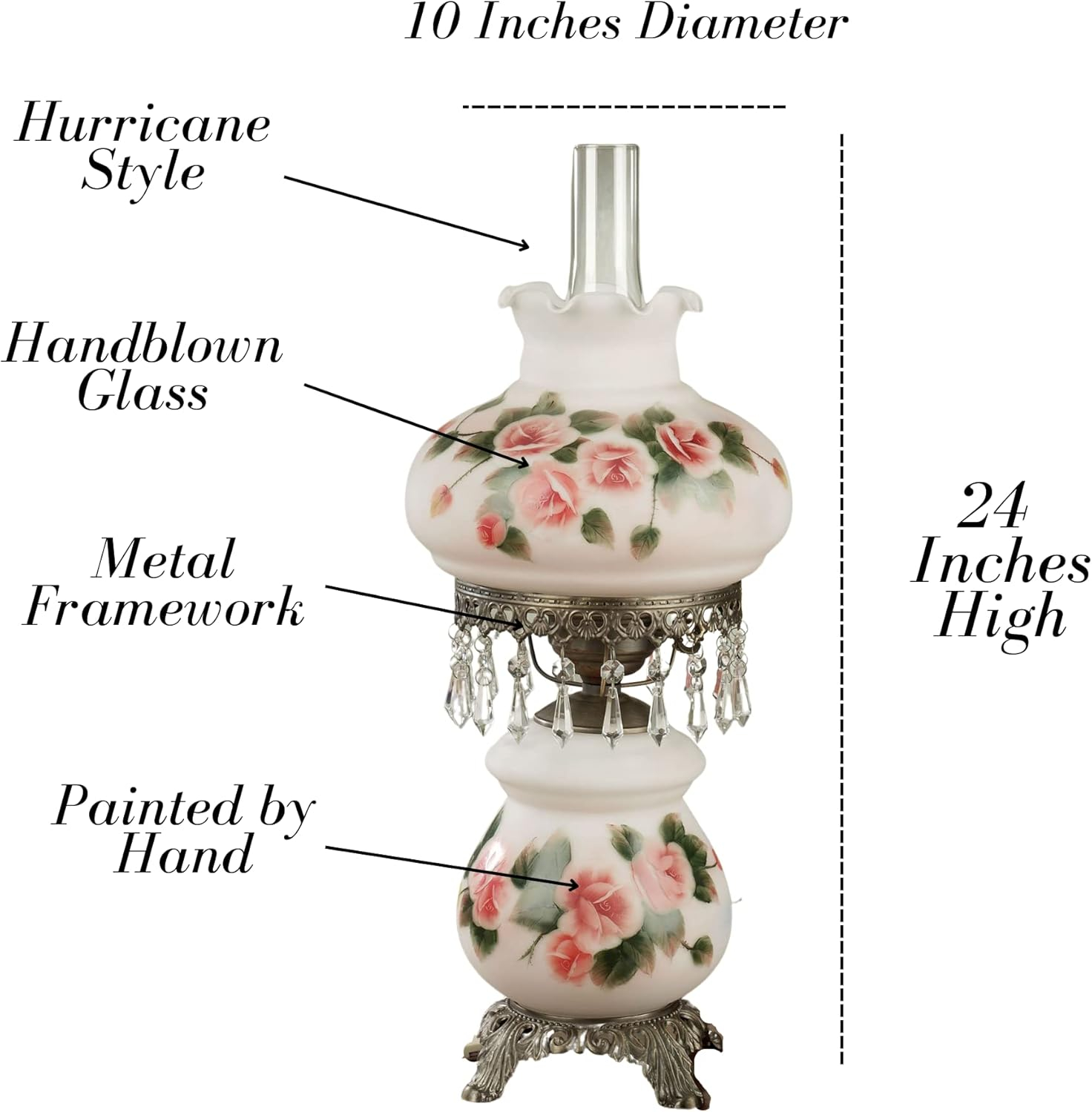 Adelaide Hurricane Table Lamp with Handpainted Pink Roses on Scalloped Glass Shade and Faux Crystal Beads 24 Inches High
