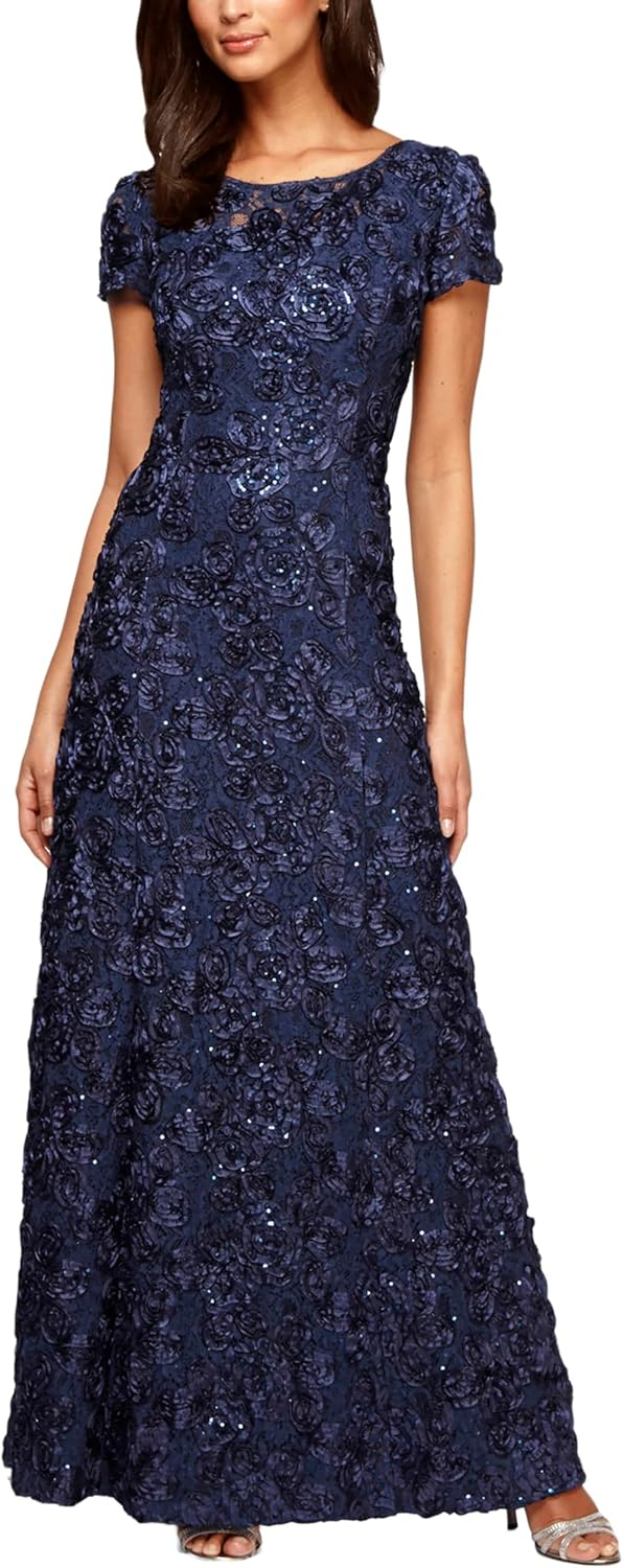 Navy Floral Lace Sequin Maxi Evening Dress with Short Sleeves