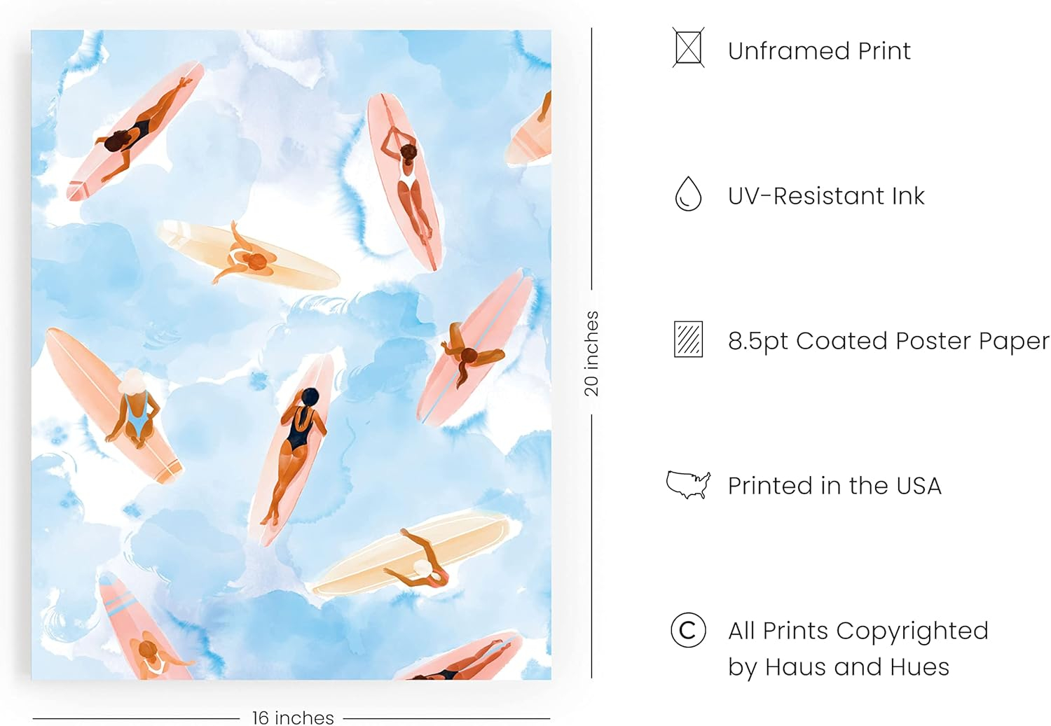 HAUS AND HUES Beach Art - Surfer girl poster with beach-themed prints, capturing the essence of seaside adventure in watercolor art (Unframed, 16x20)