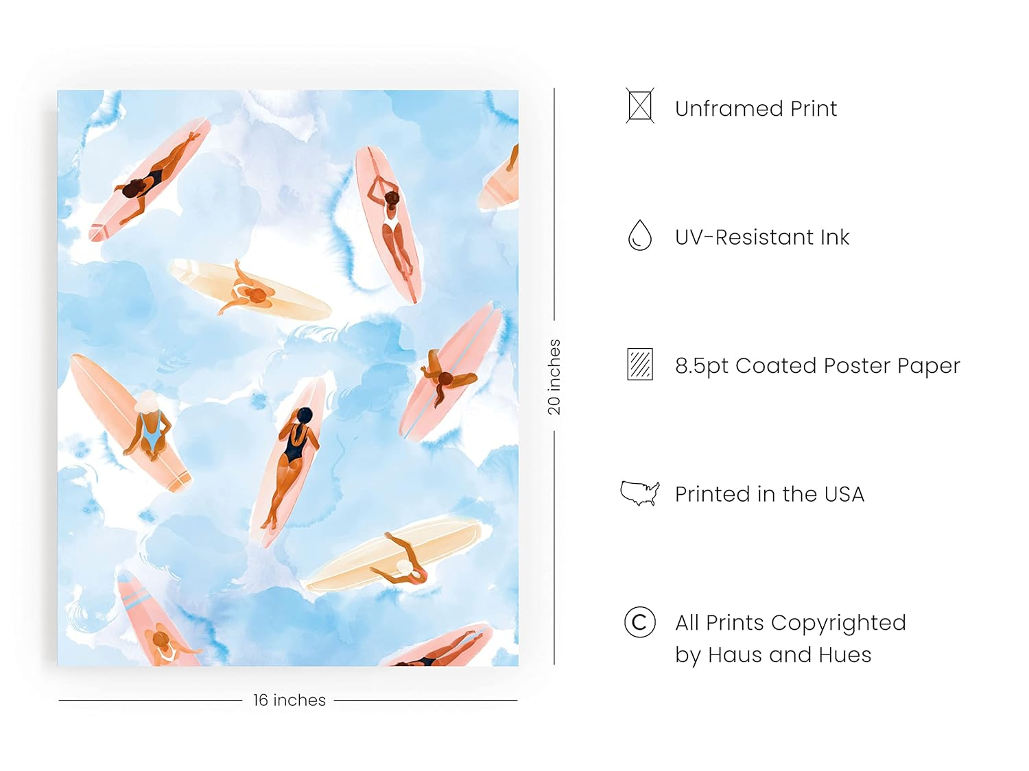 HAUS AND HUES Beach Art - Surfer girl poster with beach-themed prints, capturing the essence of seaside adventure in watercolor art (Unframed, 16x20)