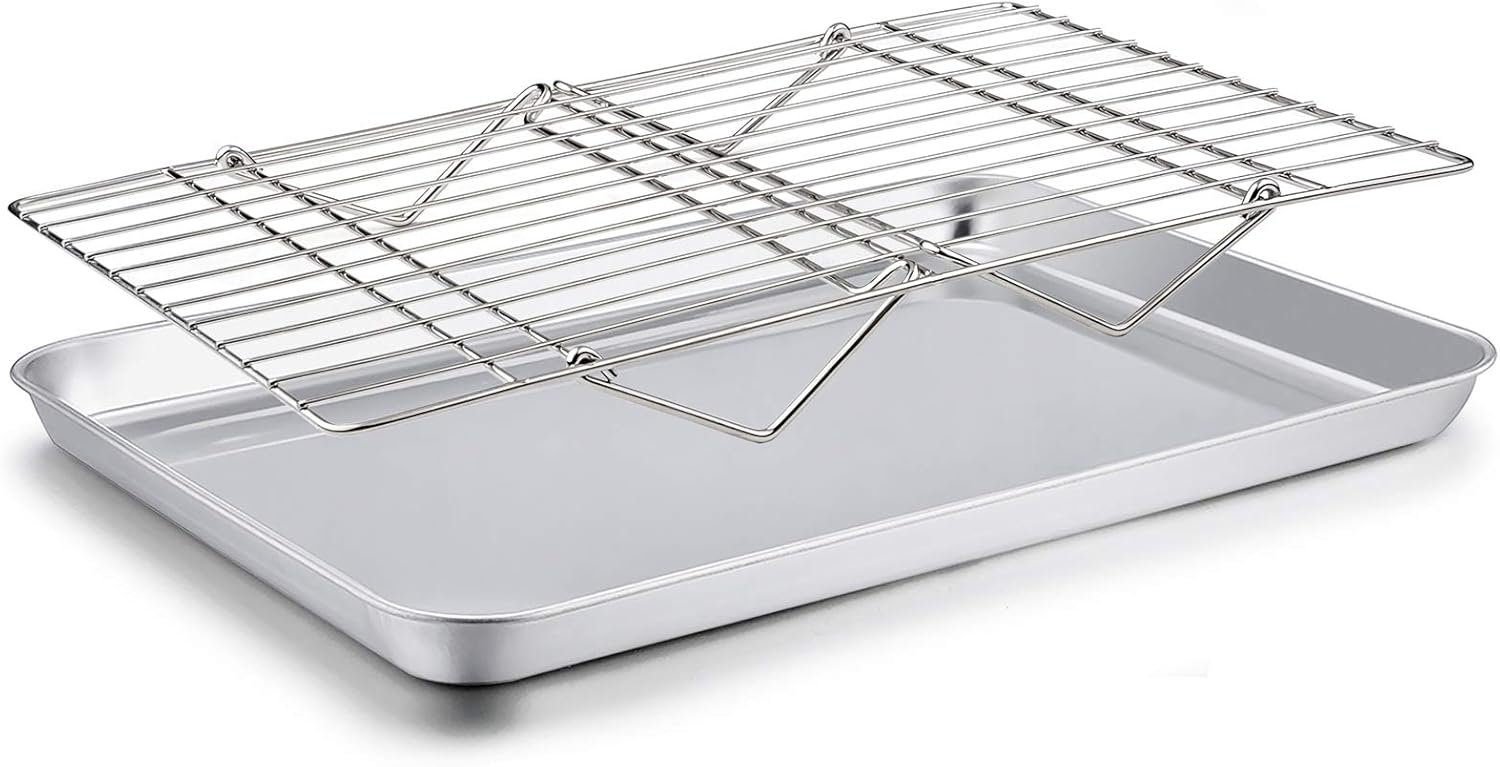Baking Sheet with Rack Set, E-far Stainless Steel Baking Pans Tray Cookie Sheet with Cooling Rack, 16 x 12 x 1 inch, Non Toxic & Healthy, Rust Free & Dishwasher Safe - 4 Pieces (2 Sheets 2 Racks)