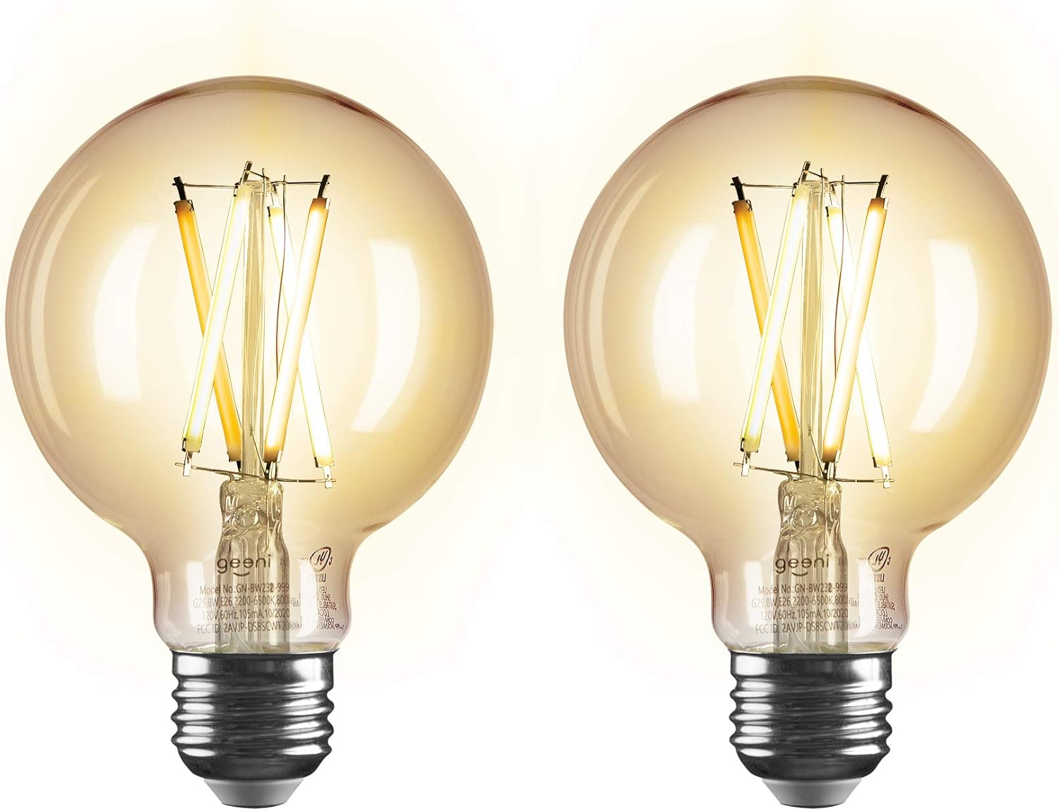 Geeni LUX Amber G25/E26 Edison WiFi LED Smart Bulb, Dimmable, Tunable White Light, 2-Pack