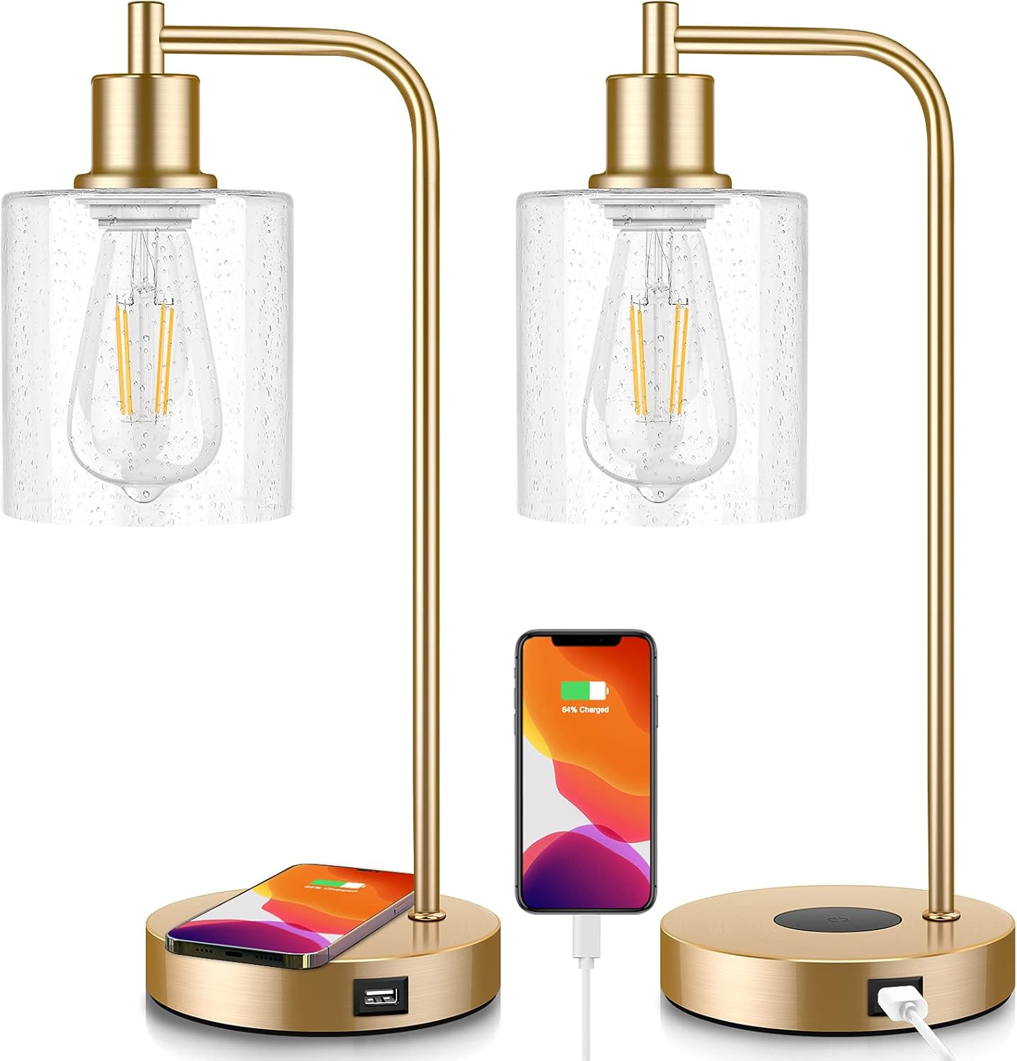 Set of 2 Wireless Charging Industrial Table Lamps Gold 3-Way Touch Control Dimmable Desk Lamp with USB Ports Bedside Lamp with Hanging Seeded Glass Shade for Office Bedroom Living Room, Bulbs Included