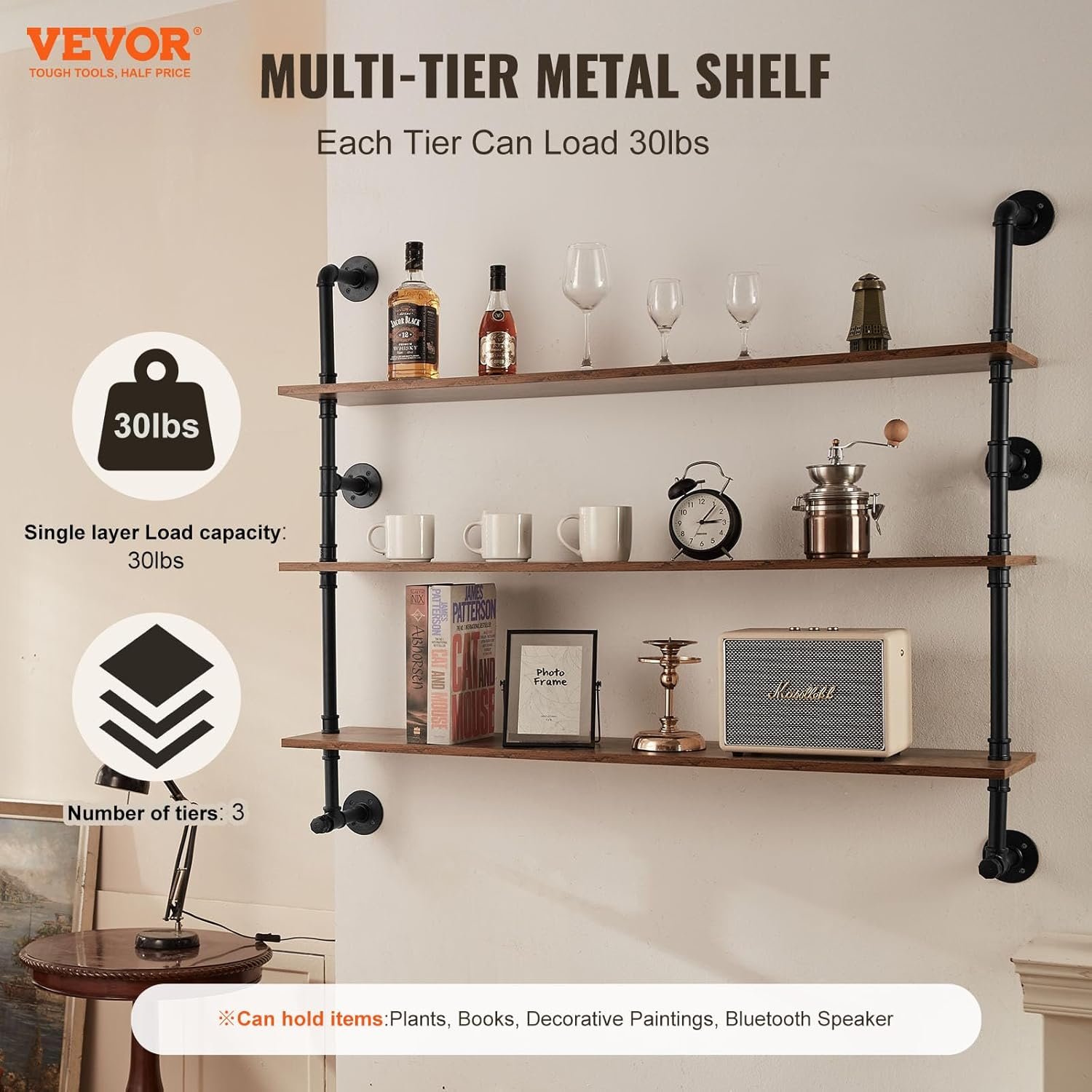 VEVOR Industrial Pipe Shelf, 3 Tier 48x9.84in, Wall-Mount Floating Rustic Wood Shelves Bracket Display Bookshelf, Storage Rack Sundries Holder for Kitchen Bedroom Bathroom Living Room, Black