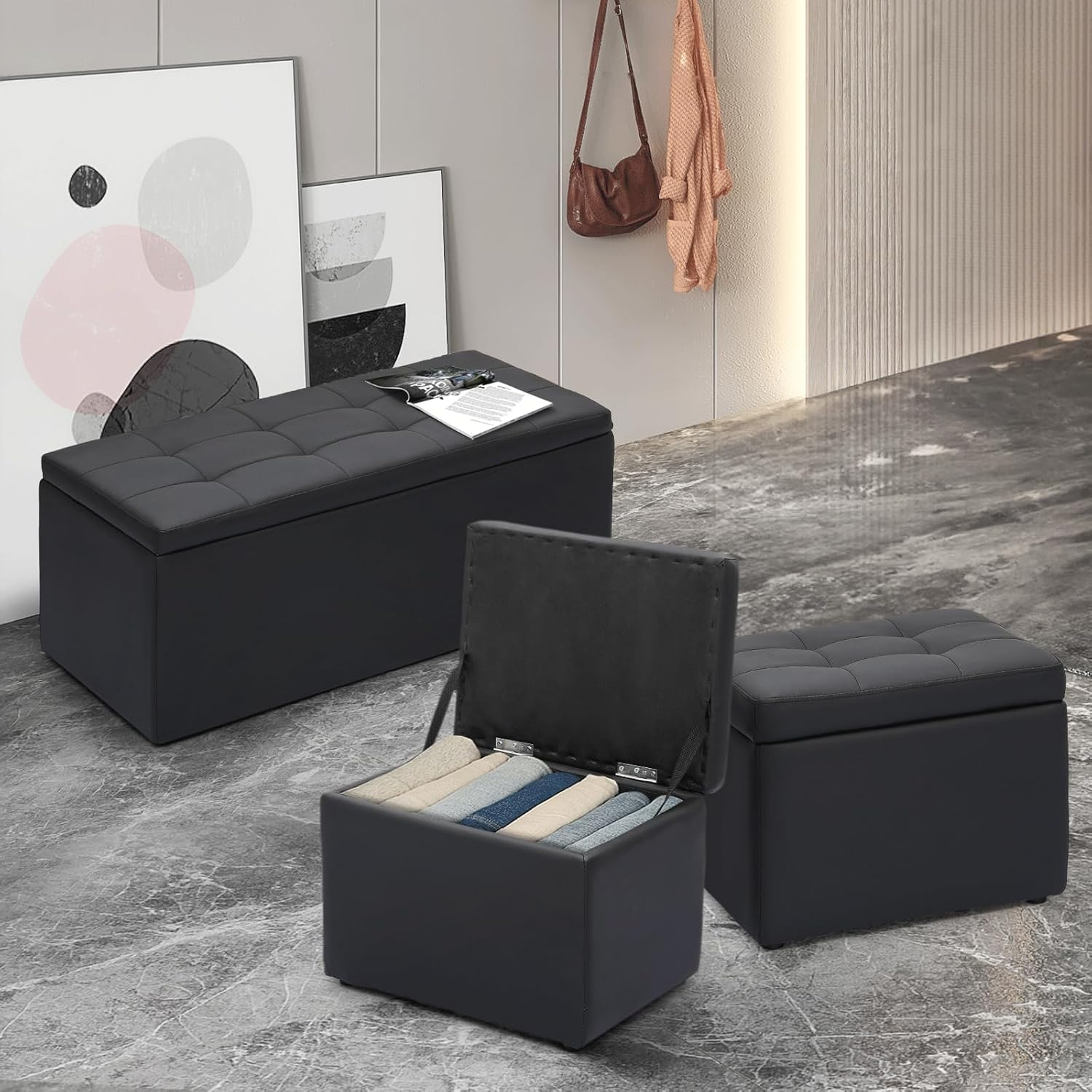 Magshion Rectangular Storage Ottoman Bench Tufted Footrest with Cube Ottomans Set of 3 PU Leather Black