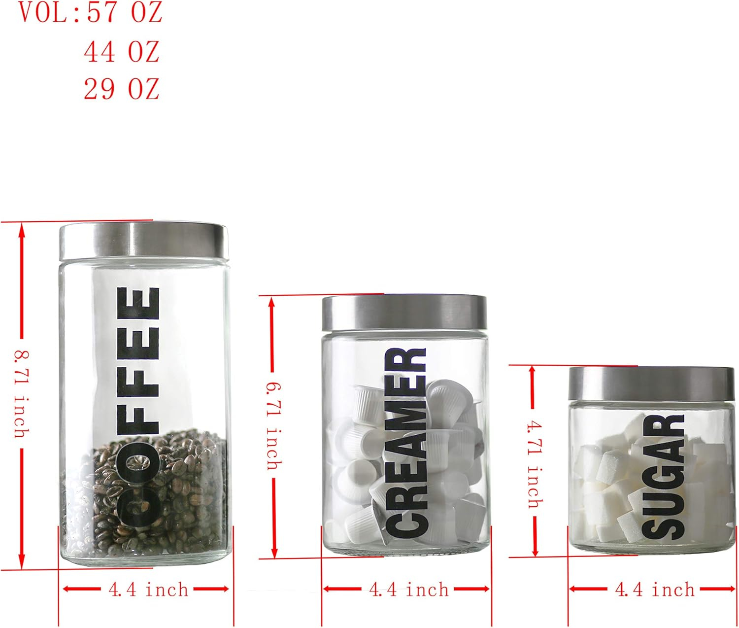 KMwares Glass Food Jars, Clear Storage Containers with Stainless Steel Lid, Airtight Glass Canisters Set for Coffee, Sugar and Creamer Container Set of 3 w Stainless Steel Lids((Sizes/57/44/29 oz)
