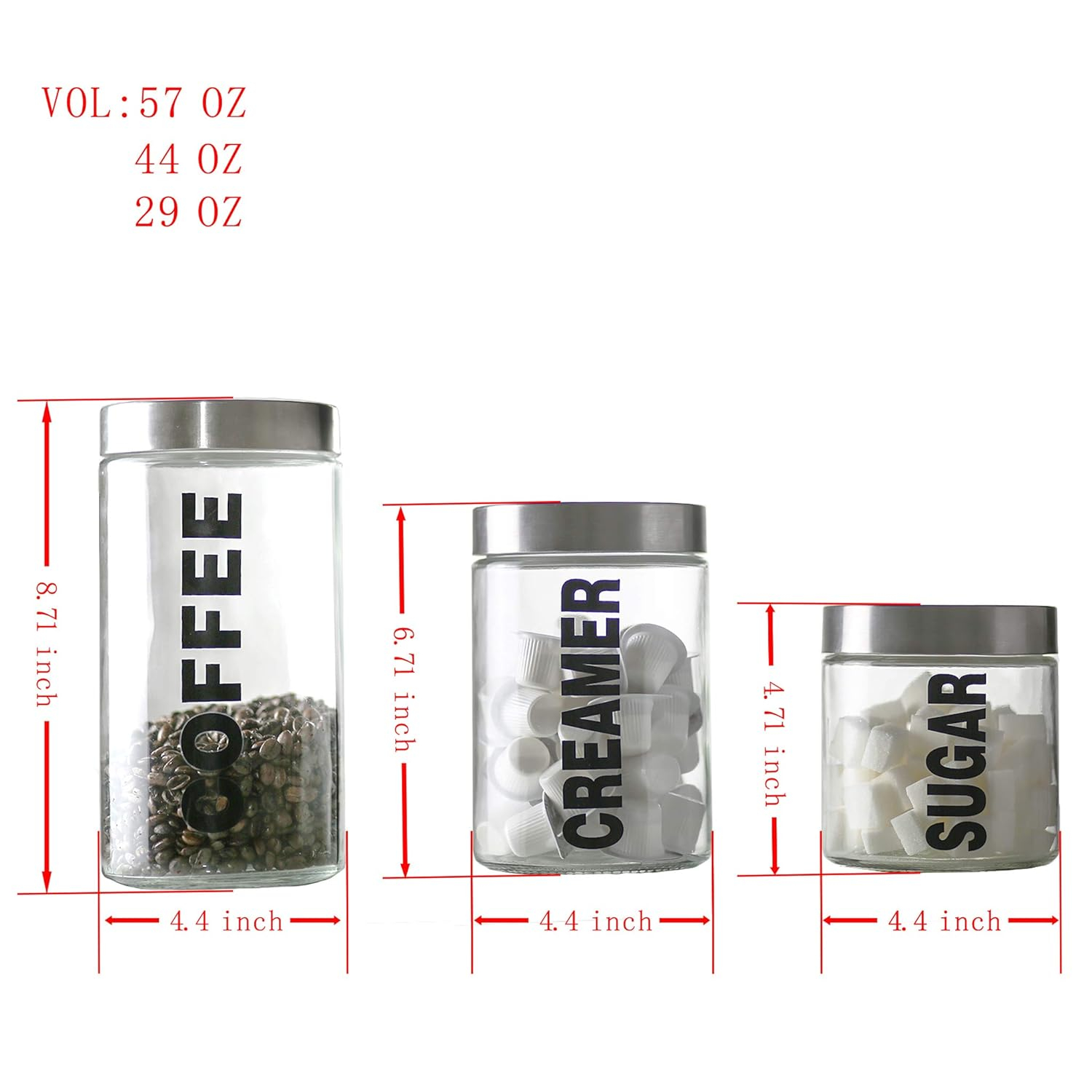 KMwares Glass Food Jars, Clear Storage Containers with Stainless Steel Lid, Airtight Glass Canisters Set for Coffee, Sugar and Creamer Container Set of 3 w Stainless Steel Lids((Sizes/57/44/29 oz)