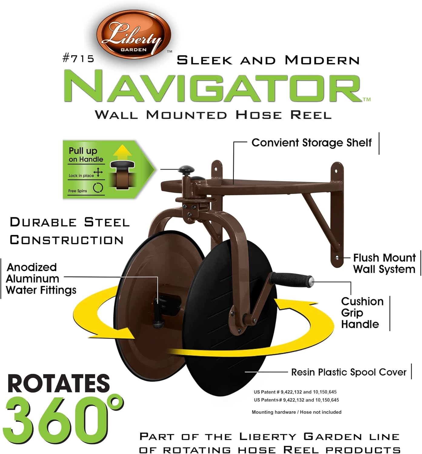 Bronze and Black Steel Wall-Mount Rotating Hose Reel