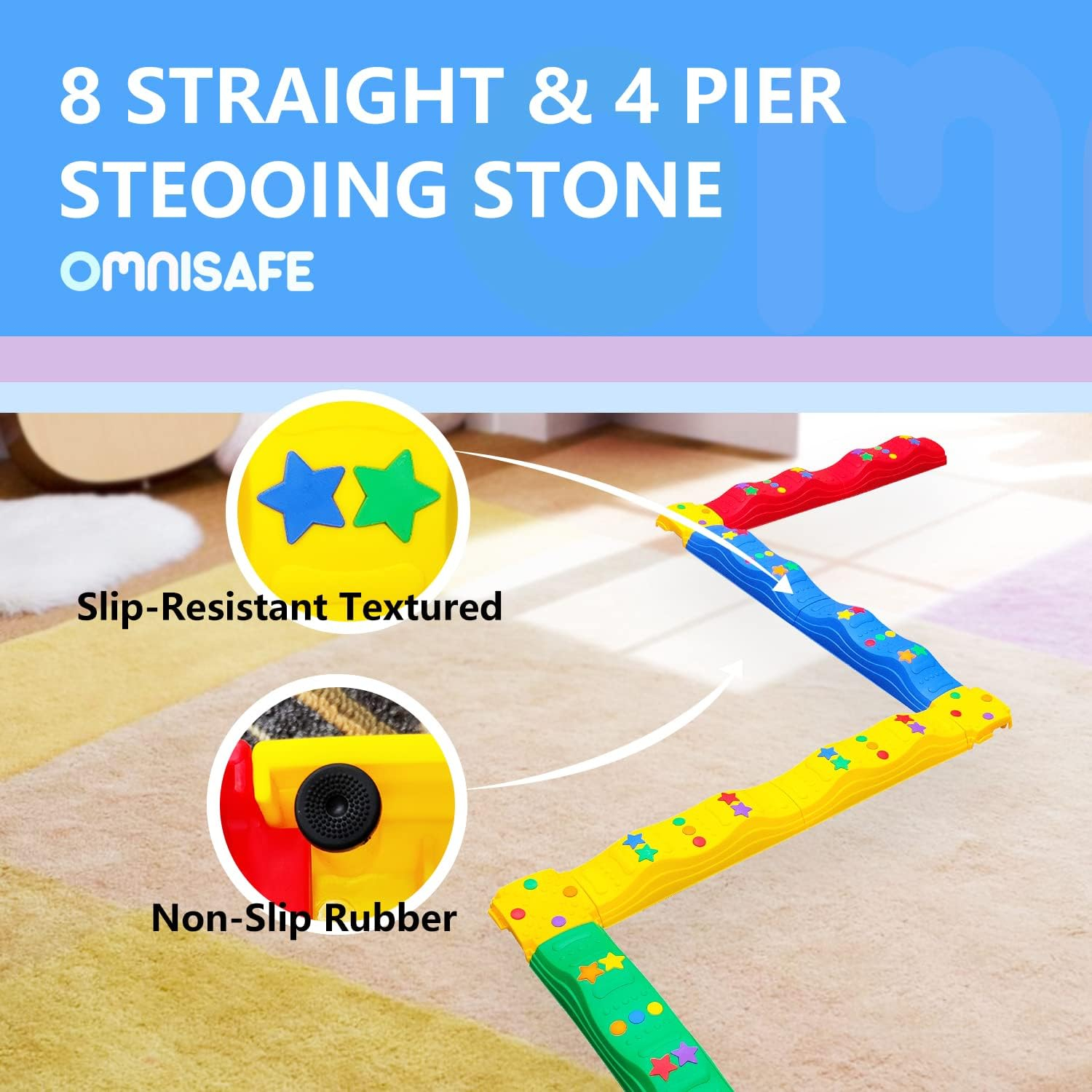 Colored Balance Beams for Kids, Wavy Toddler Stepping Stones, 8 Pcs, Non-Slip Surface and Rubber Edges, Promote Agility, Strength, Coordination