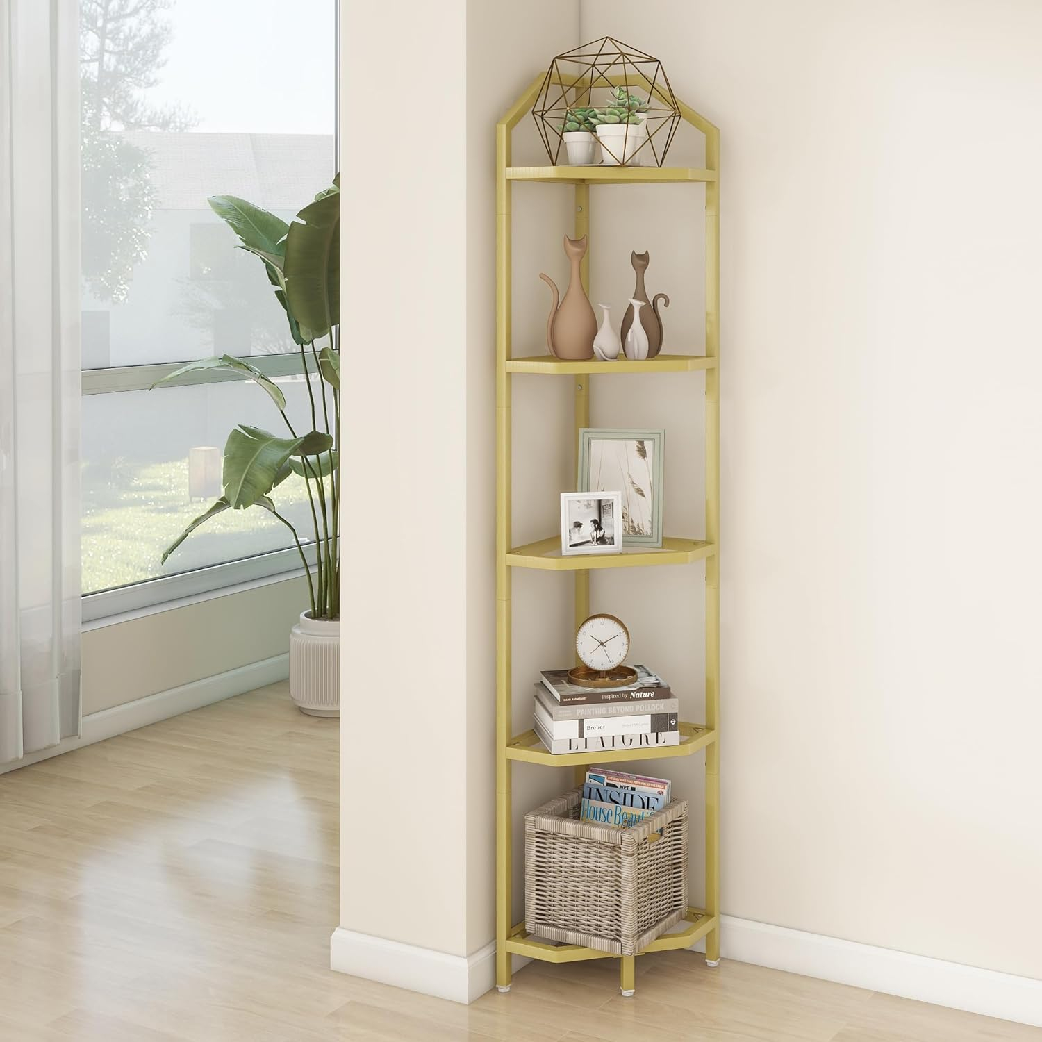Gold 5-Tier Corner Bookshelf with Tempered Glass Shelves