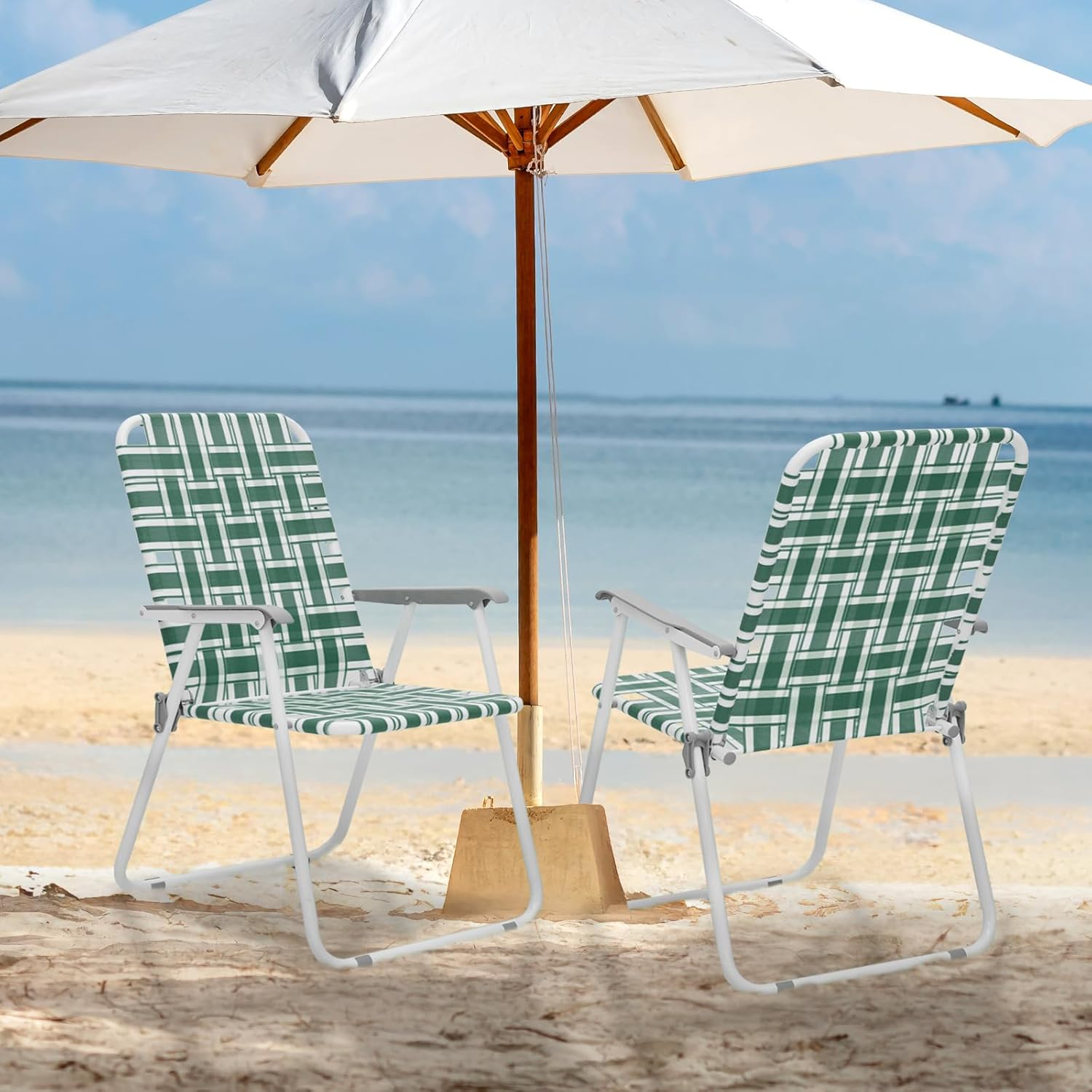 MoNiBloom Folding Webbed Beach Chairs Set of 2, Portable Camping Woven Seats with Armrests, for Outdoor Patio Lawn, Dark Green