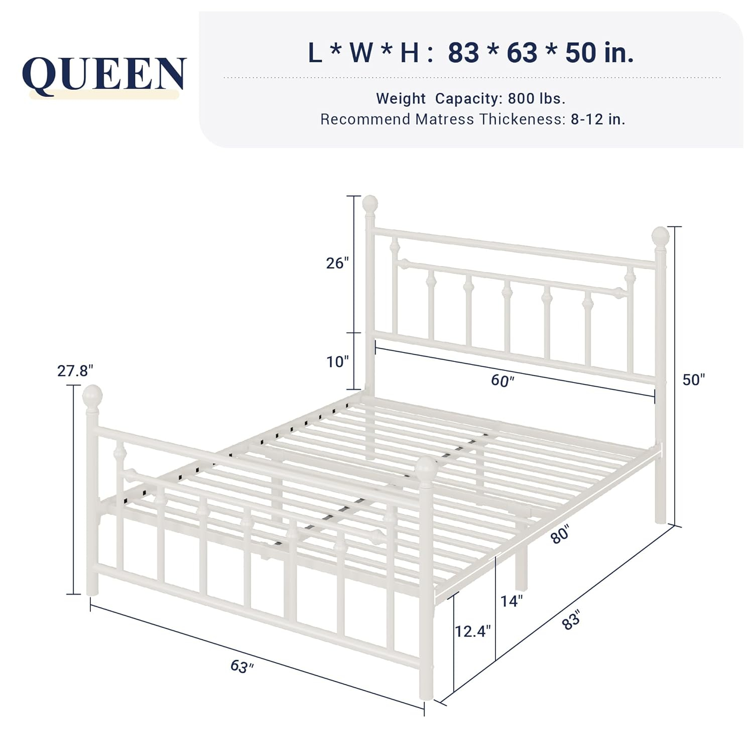 Allewie 14 Inch Queen Size Metal Platform Bed Frame with Victorian Vintage Headboard and Footboard/Mattress Foundation/Under Bed Storage/No Box Spring Needed/Easy Assembly/Noise Free/White